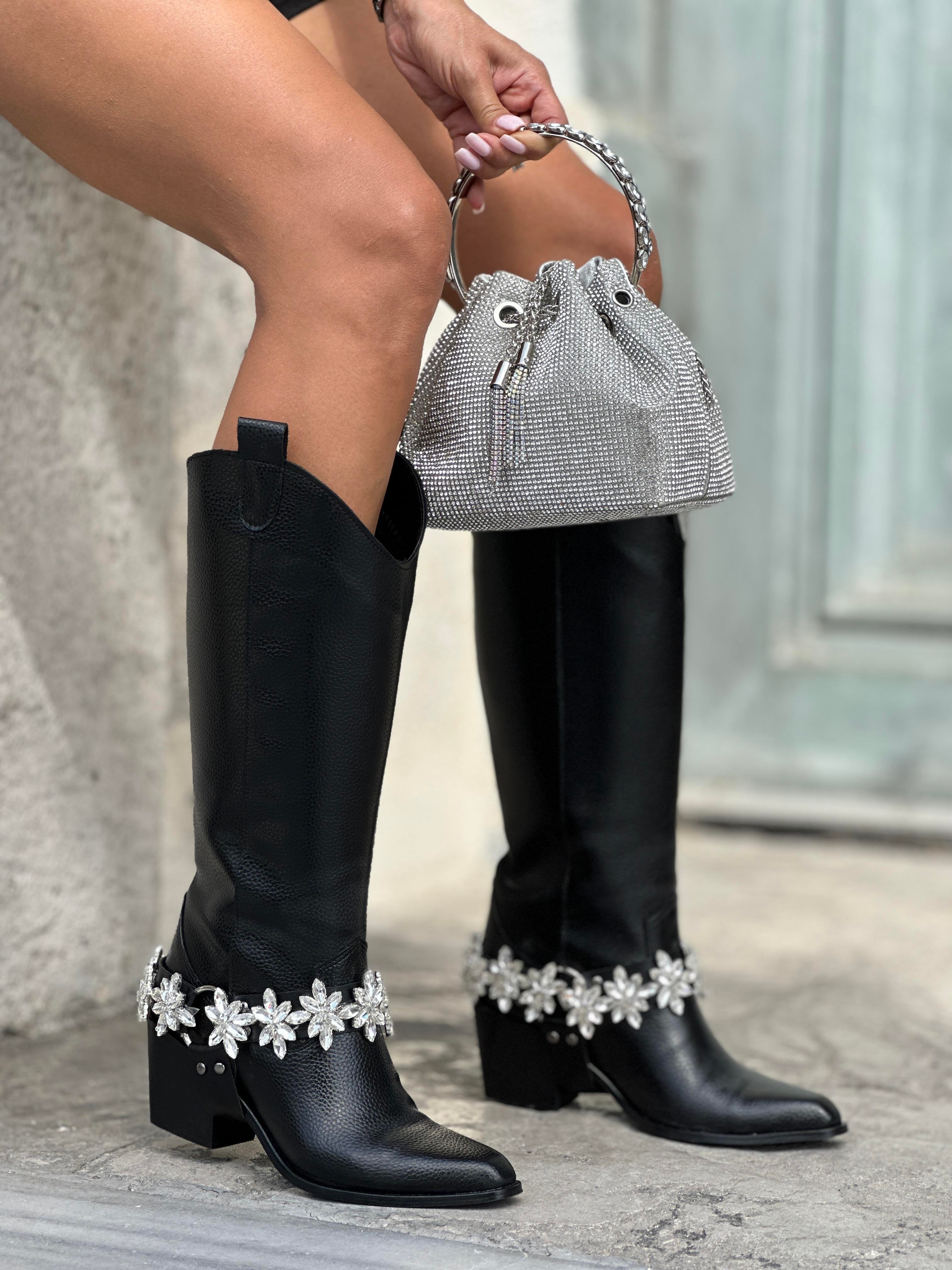 Kovvy Kristal Taşlı Kovboy Çizme Siyah - ÇİZME