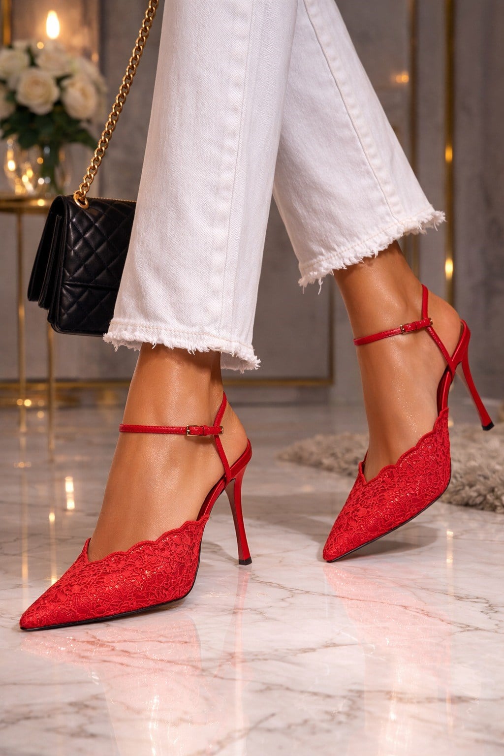 Lace Heart Dantel Stiletto Kırmızı - Stiletto