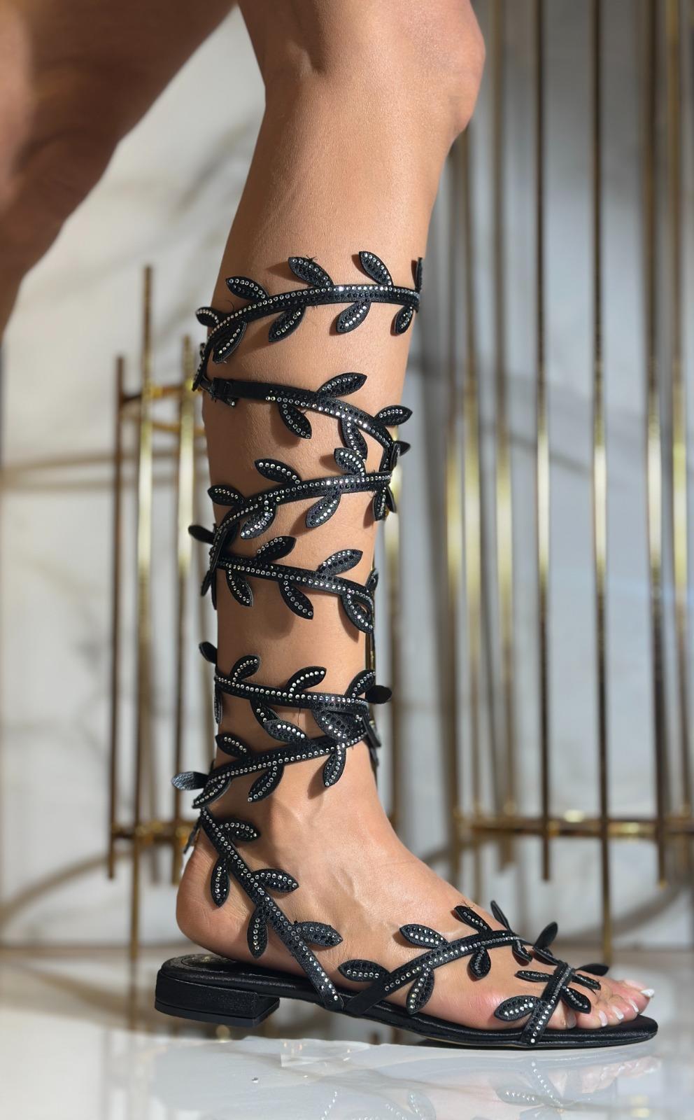 Lamia Kristal Taşlı Sandalet Siyah - KADIN AYAKKABI