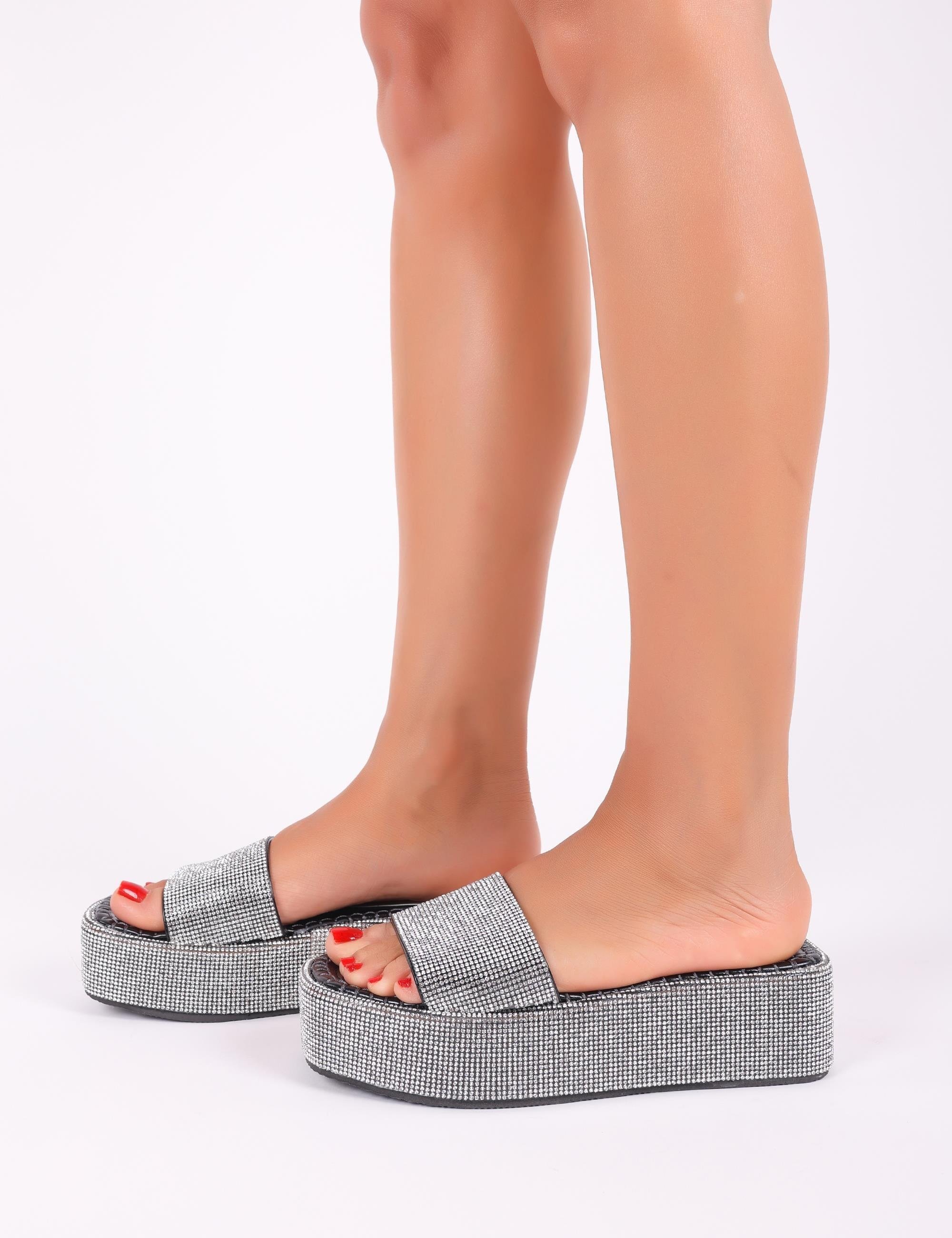 Leila Crystal Stone Slipper Black - Yüksek Taban Terlik