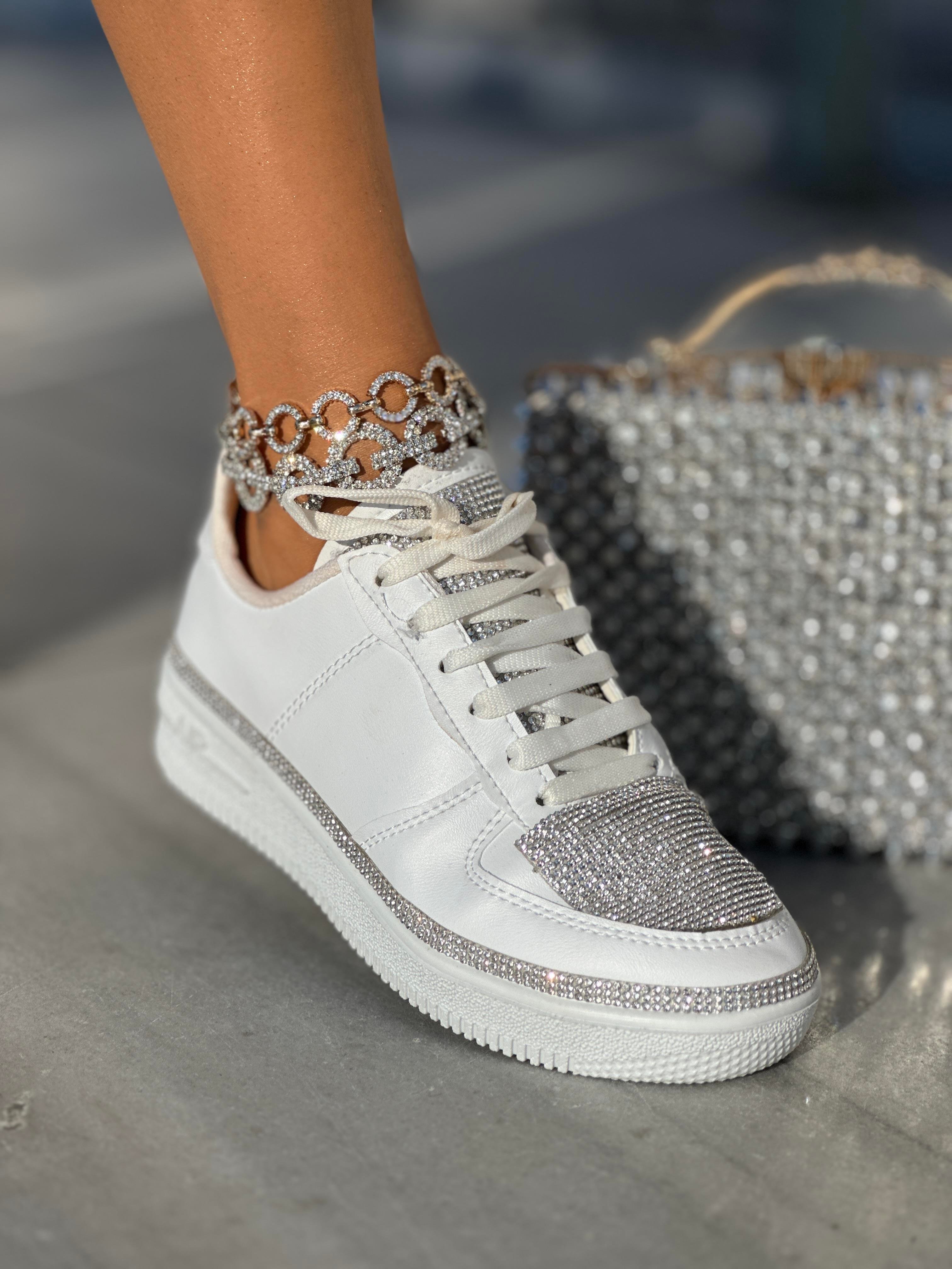 Litra Kristal Taşlı Spor Ayakkabı Beyaz Gümüş - KADIN AYAKKABI