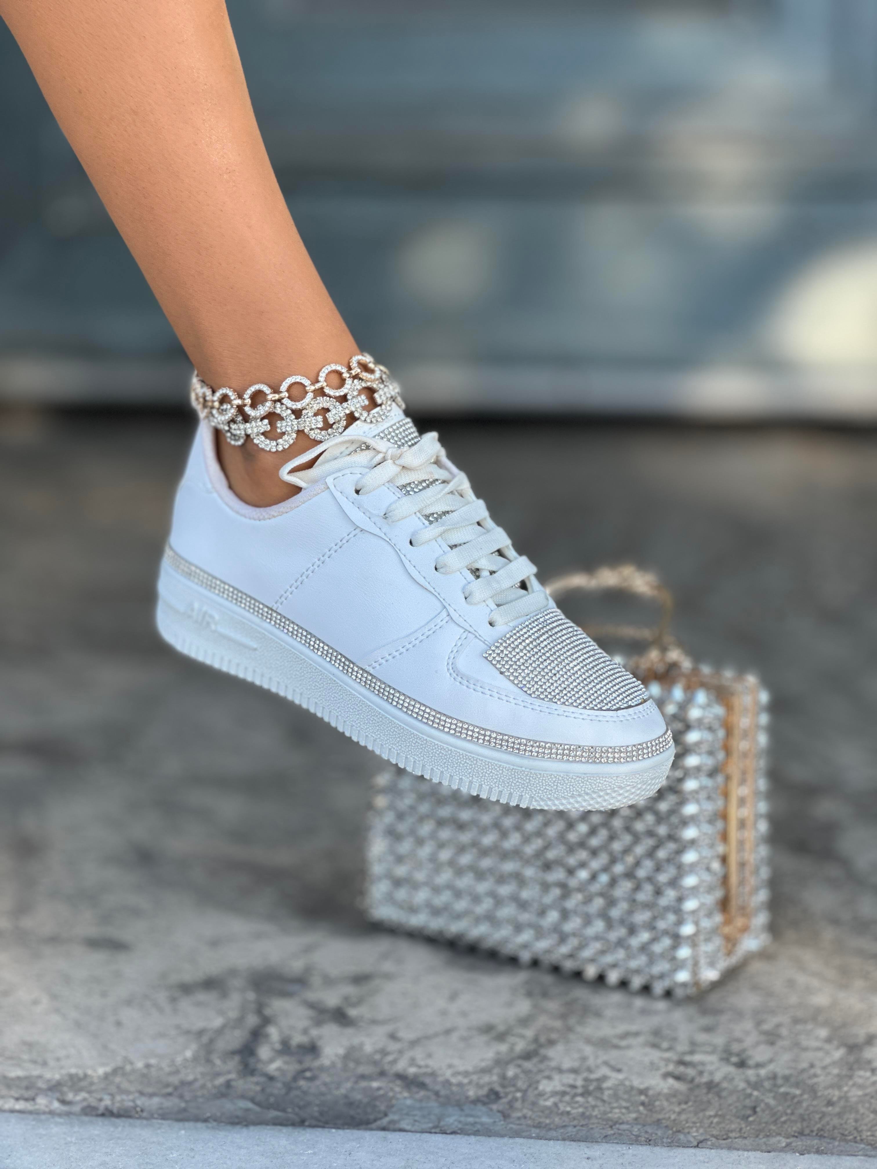 Litra Kristal Taşlı Spor Ayakkabı Beyaz Gümüş - KADIN AYAKKABI