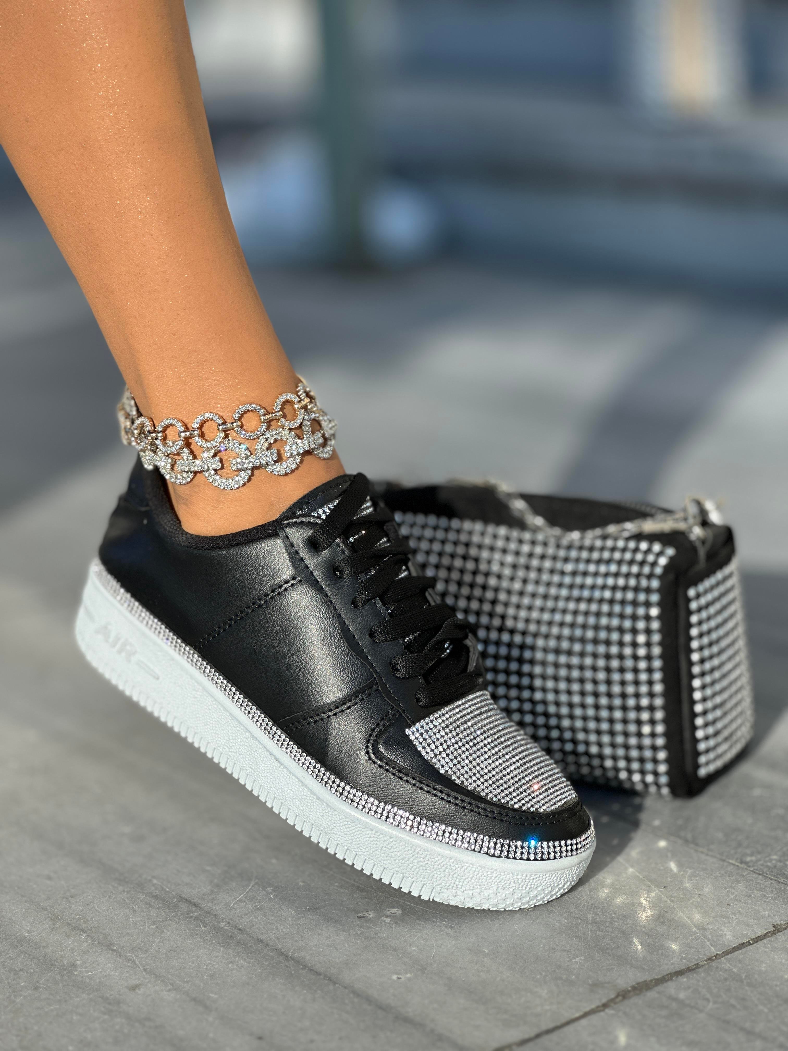 Litra Kristal Taşlı Spor Ayakkabı Siyah Beyaz - KADIN AYAKKABI