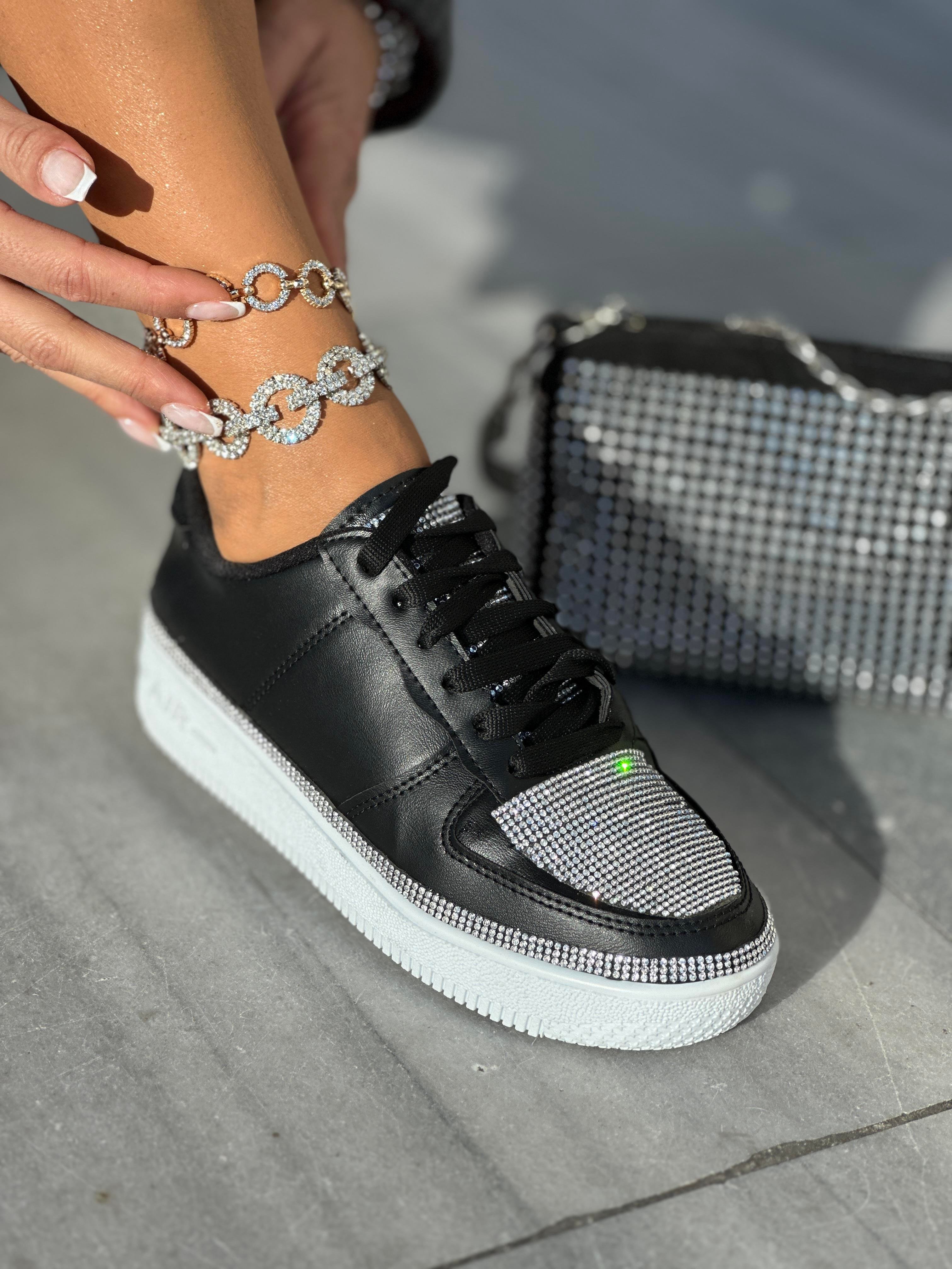 Litra Kristal Taşlı Spor Ayakkabı Siyah Beyaz - KADIN AYAKKABI