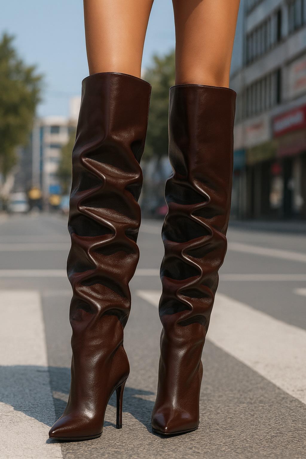 Long Class Diz Üstü İnce Topuklu Çizme Koyu Kahve - Topuklu Çizme