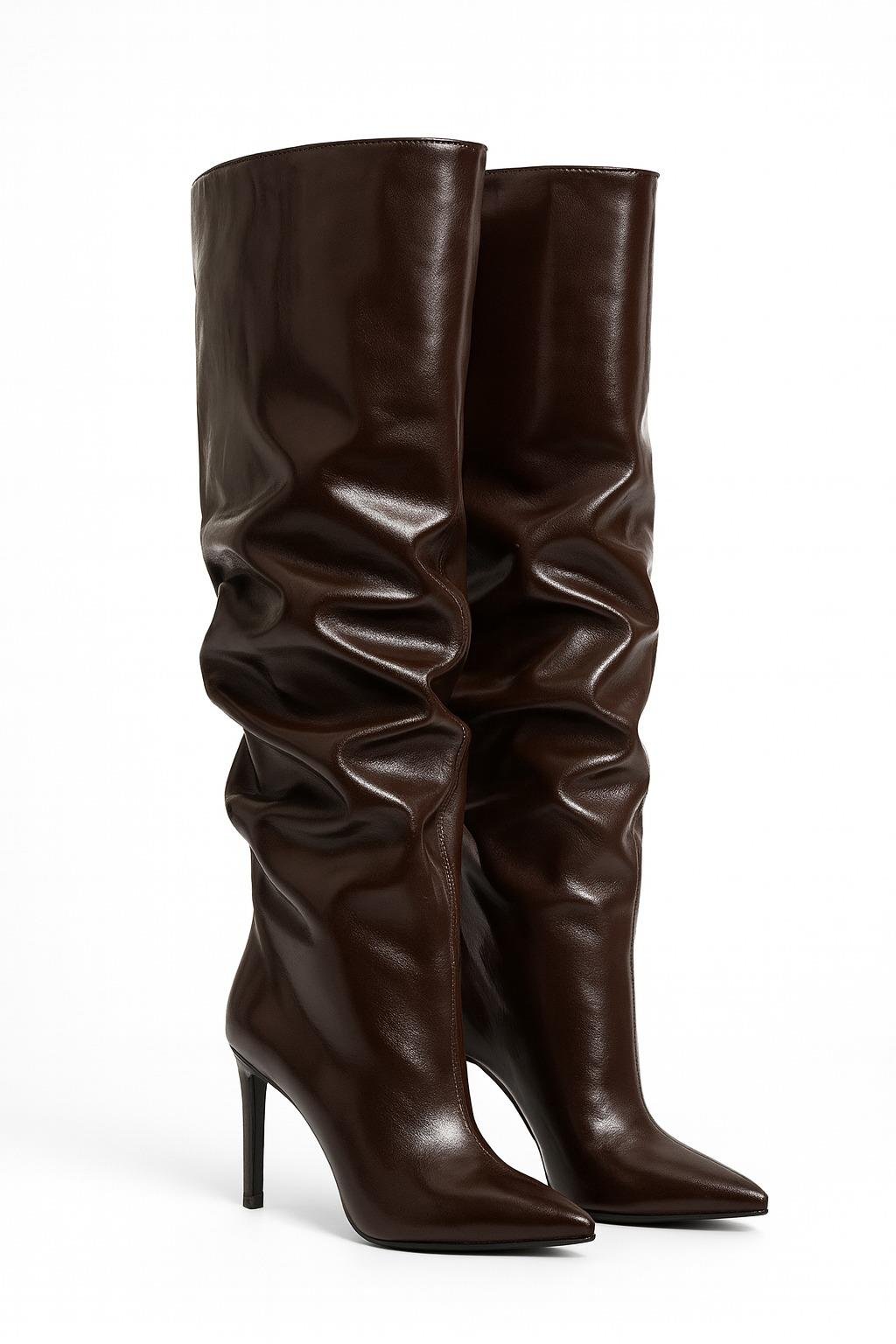 Long Class Diz Üstü İnce Topuklu Çizme Koyu Kahve - Topuklu Çizme