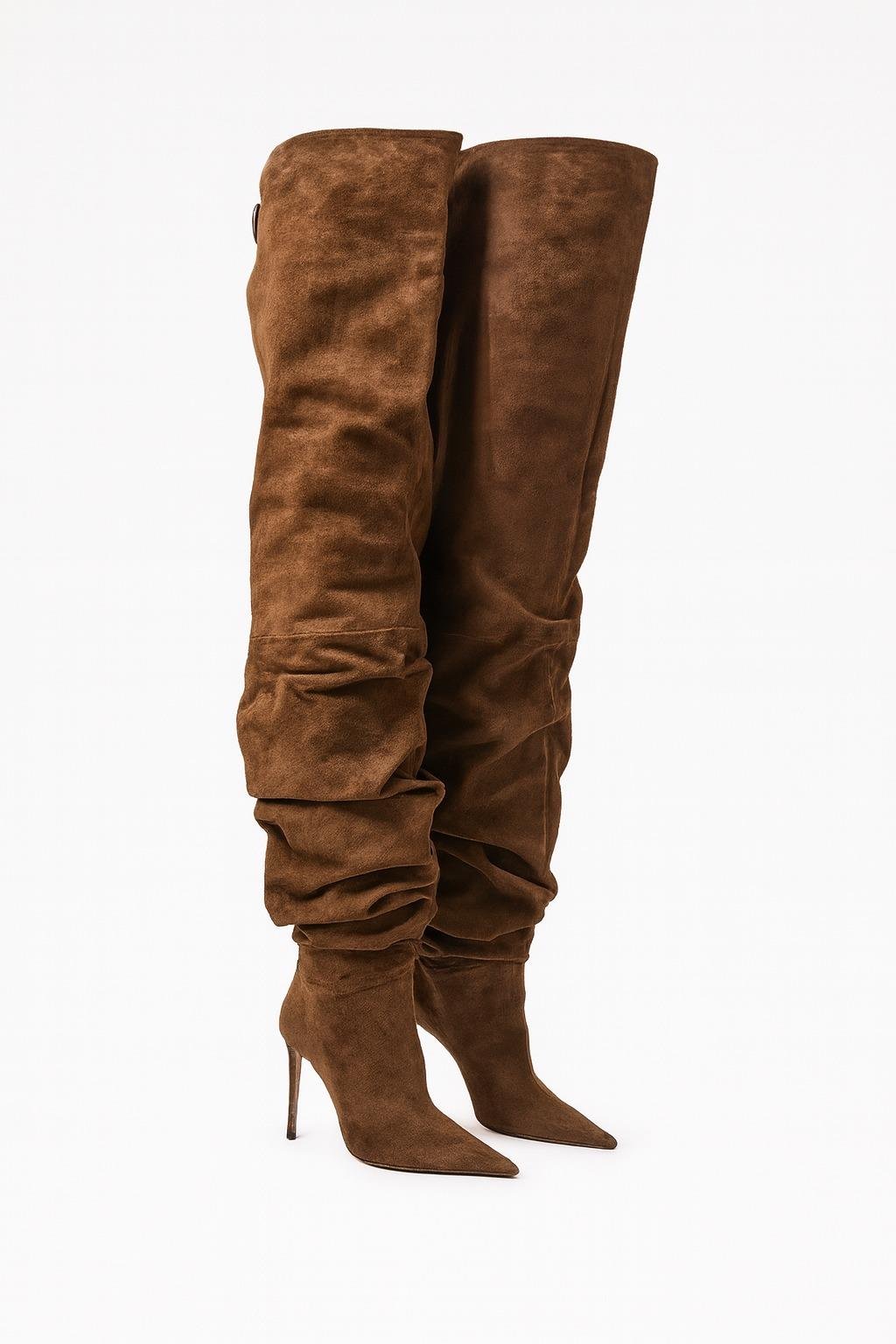 Long Class Süet Diz Üstü İnce Topuklu Çizme Kahverengi - Topuklu Çizme