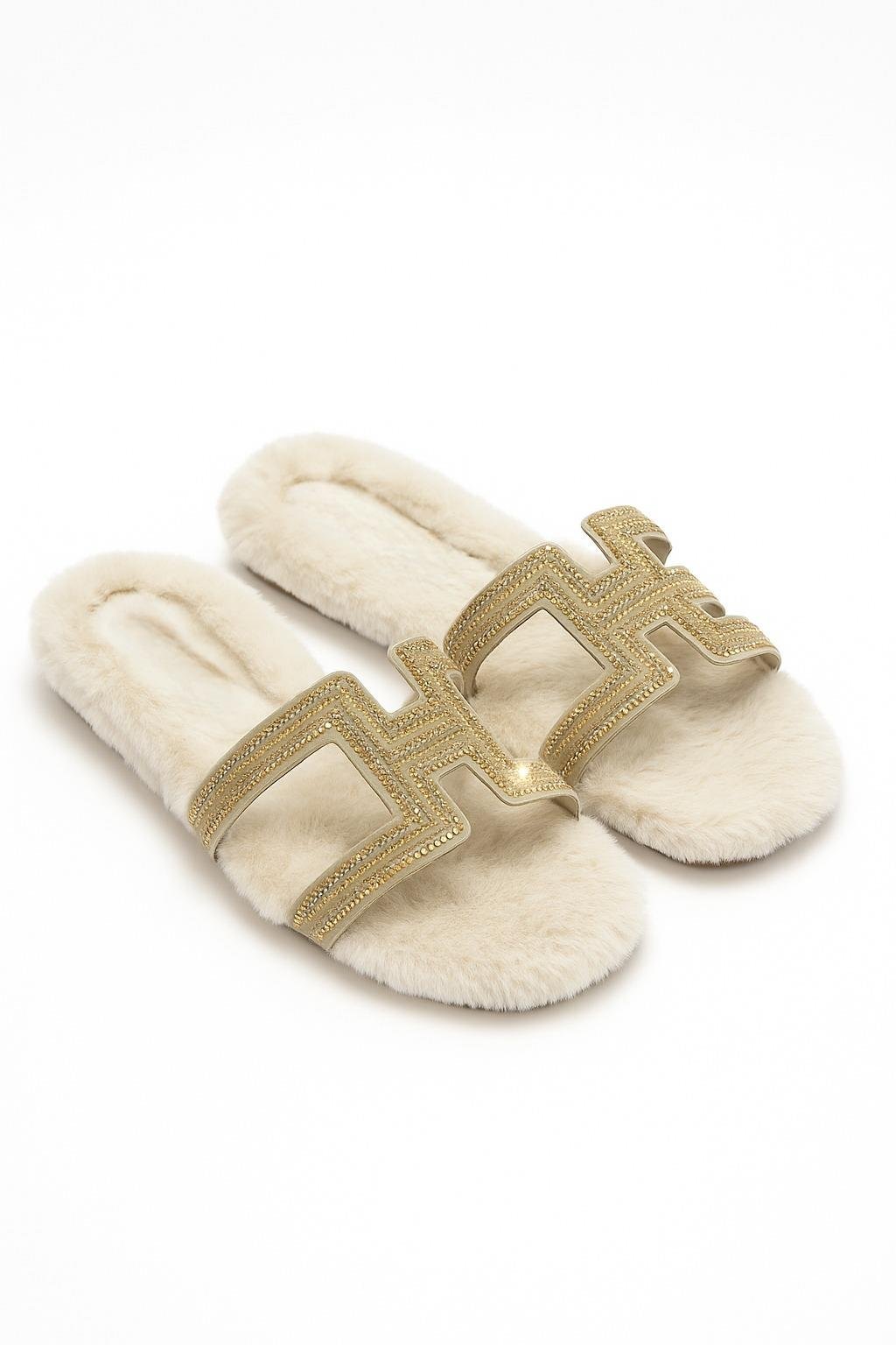 Lumay Gold Tüylü Terlik Bej - Kışlık Terlik