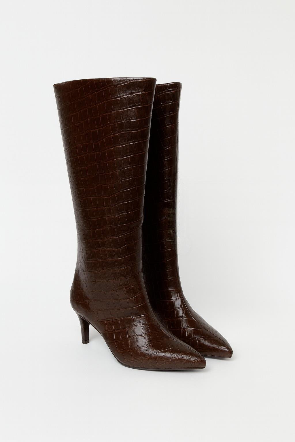 LuxeWarm Kroko İnce Topuklu Çizme Kahverengi - Topuklu Çizme