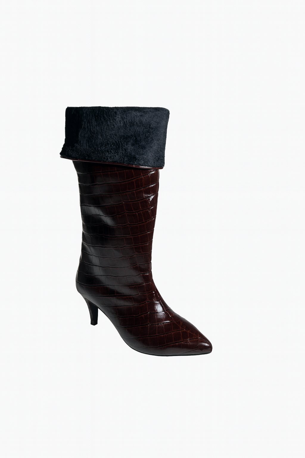 LuxeWarm Kroko İnce Topuklu Çizme Kahverengi - Topuklu Çizme