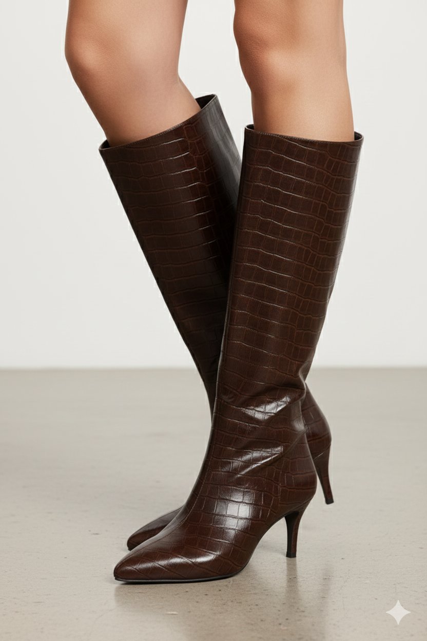 LuxeWarm Kroko İnce Topuklu Çizme Kahverengi - Topuklu Çizme