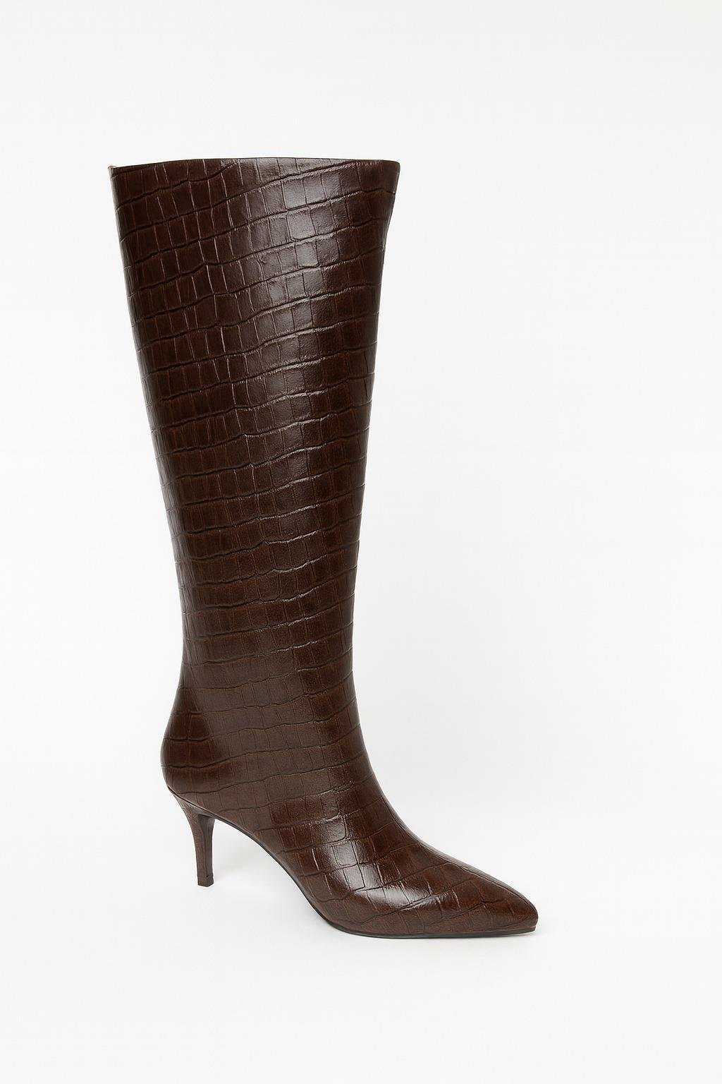 LuxeWarm Kroko İnce Topuklu Çizme Kahverengi - Topuklu Çizme