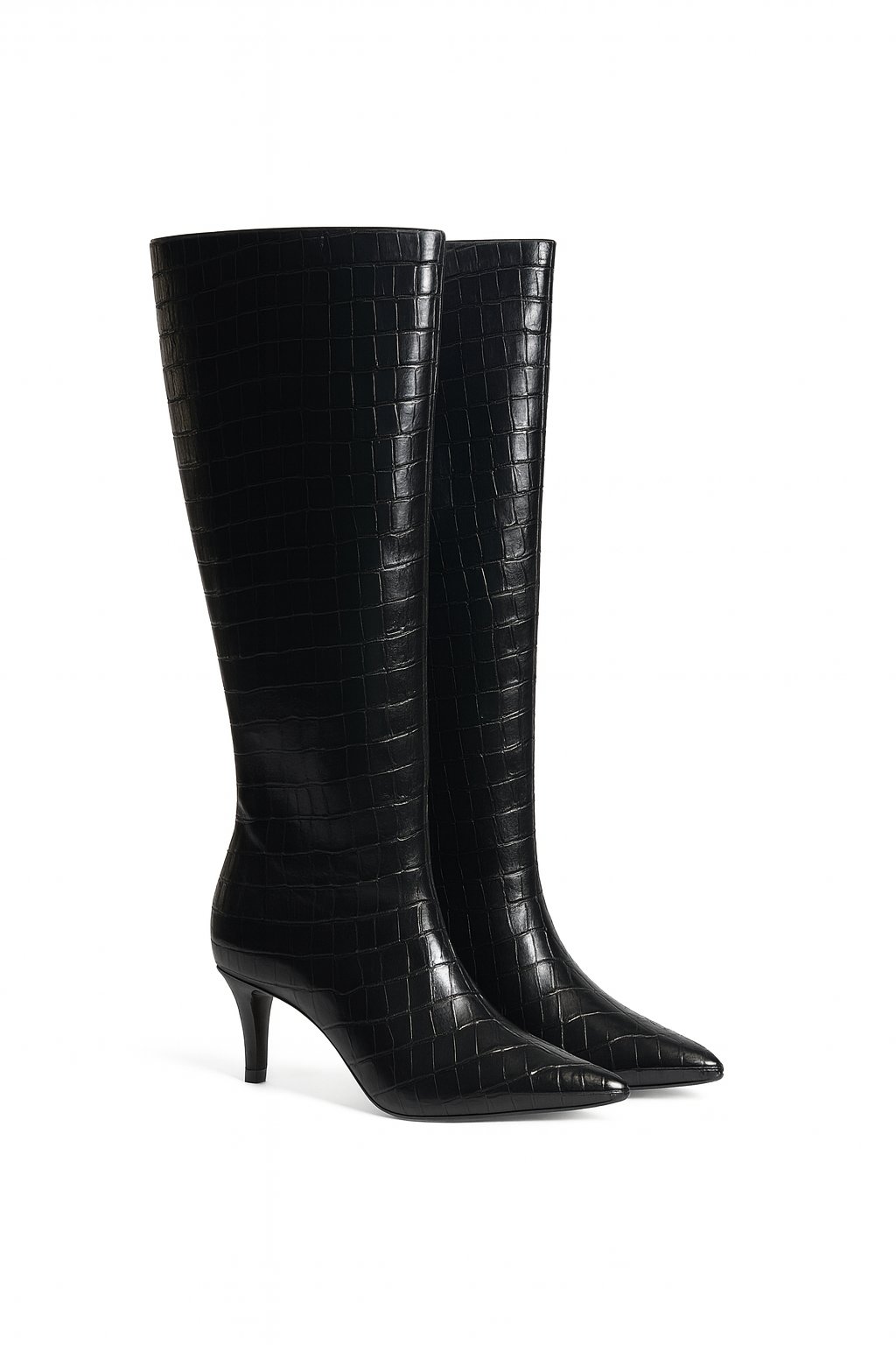 LuxeWarm Kroko İnce Topuklu Çizme Siyah - Topuklu Çizme