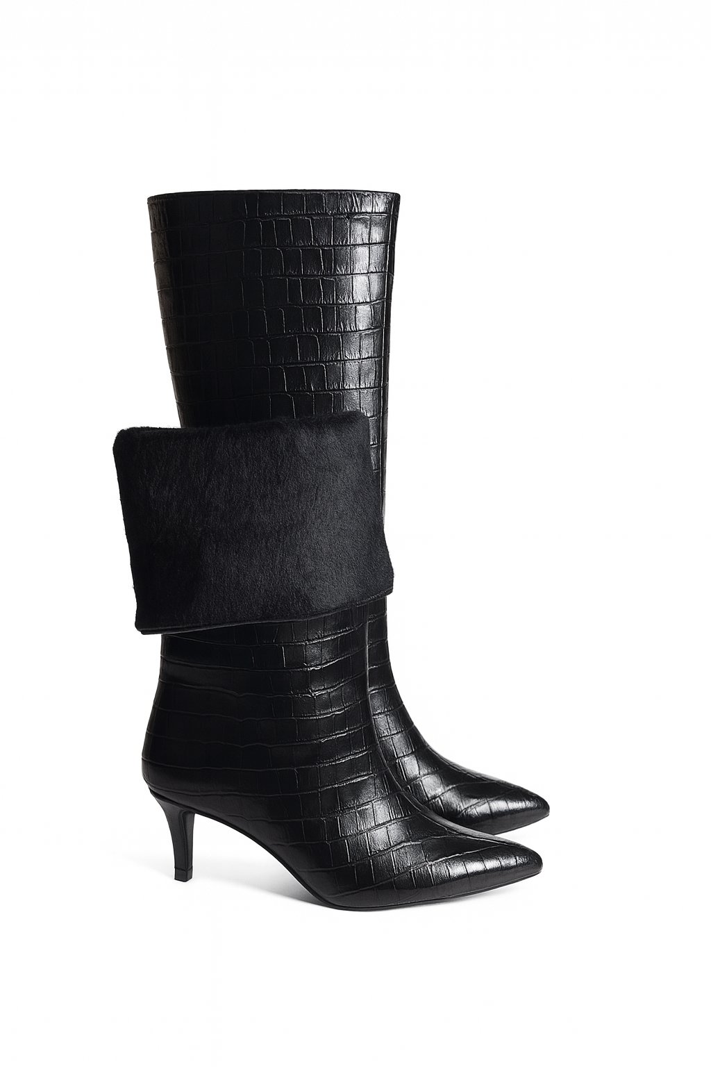 LuxeWarm Kroko İnce Topuklu Çizme Siyah - Topuklu Çizme