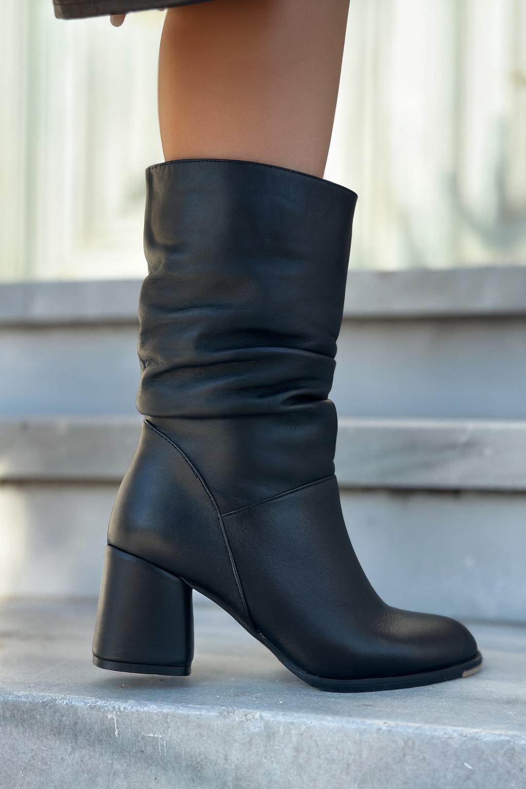 Madrel Hakiki Deri Bot Siyah - Topuklu Çizme