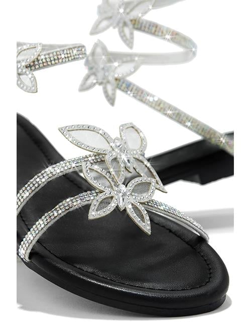 Mariposa Kelebekli Kristal Taşlı Sandalet Siyah - KADIN AYAKKABI