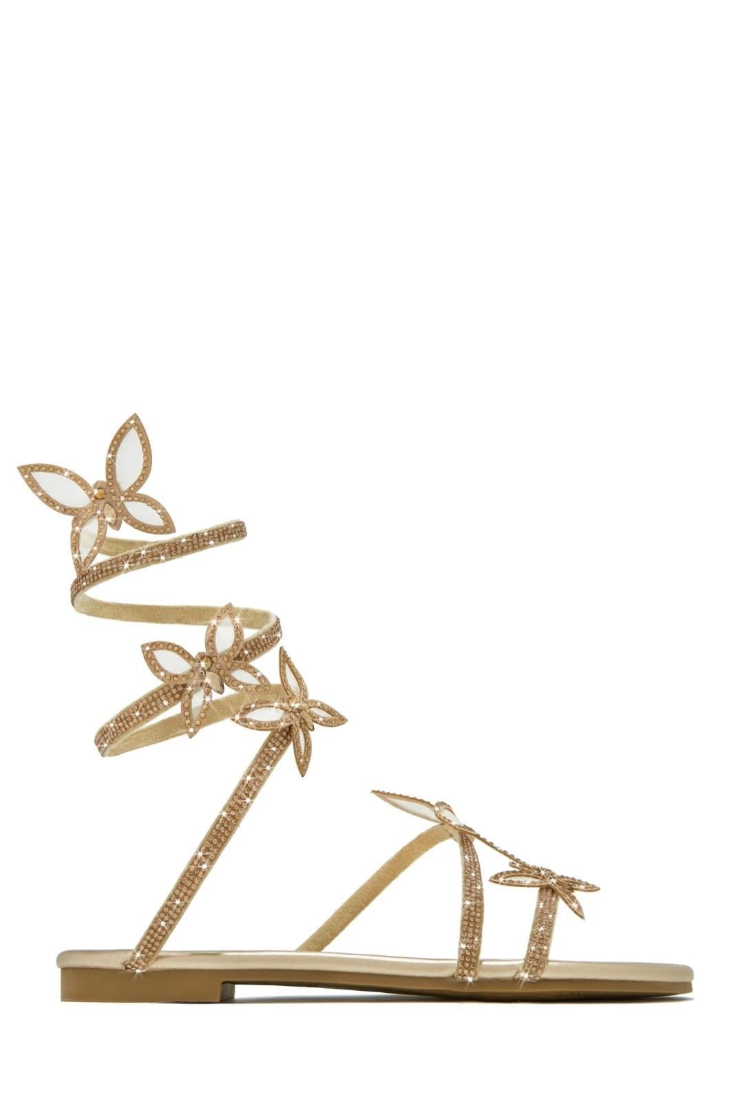 Mariposa Kelebekli Kristal Taşlı Sandalet Gold - Düz Taban Sandalet