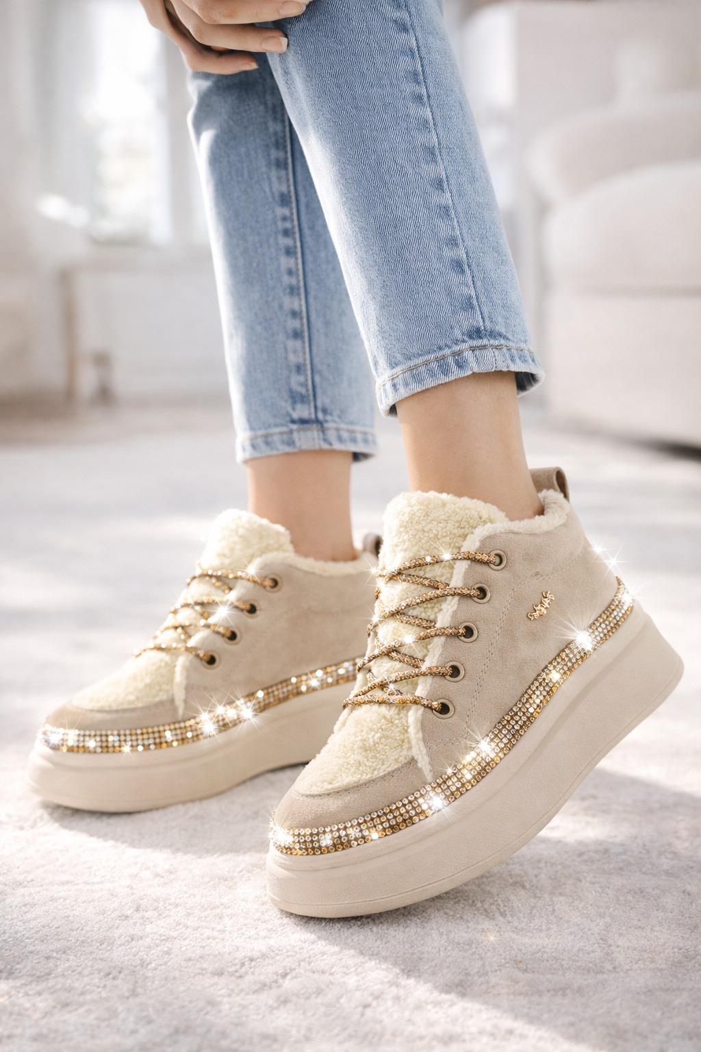 Mihali Peluş Spor Ayakkabı Bej - Spor Ayakkabı