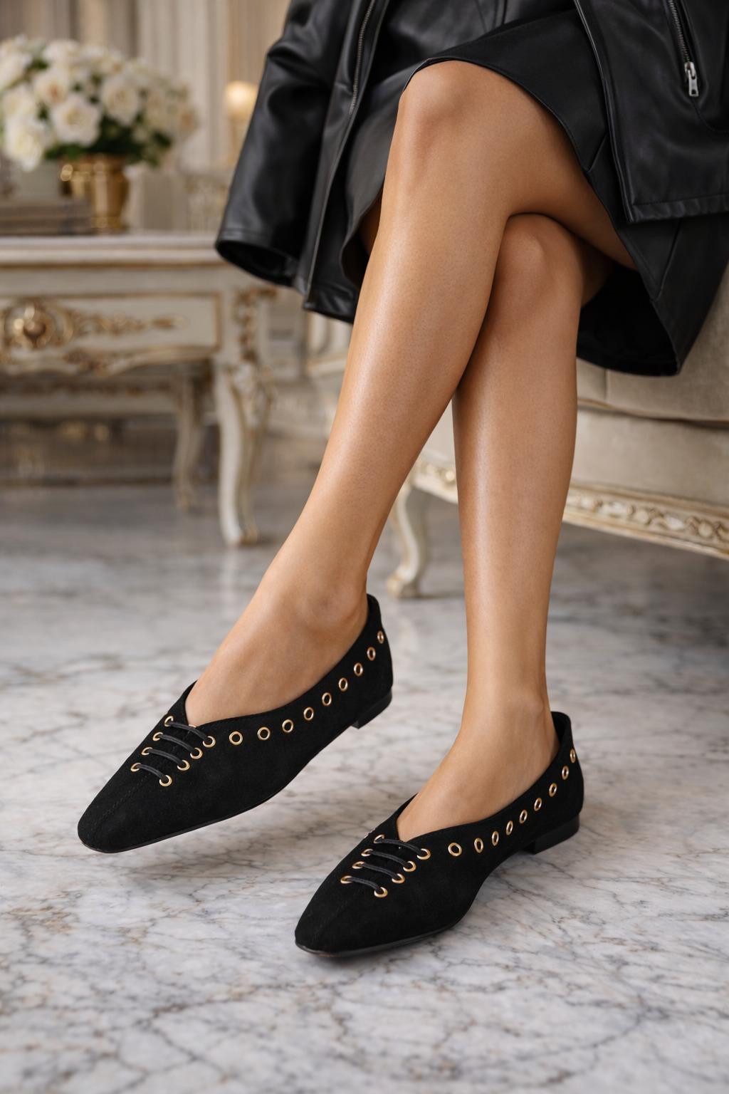 Miray Süet Babet Siyah - Düz Babet