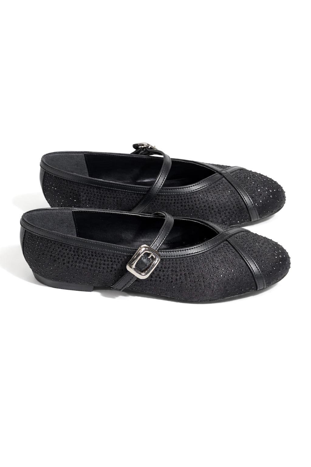 Molya Kristal Taşlı Babet Siyah - Düz Babet