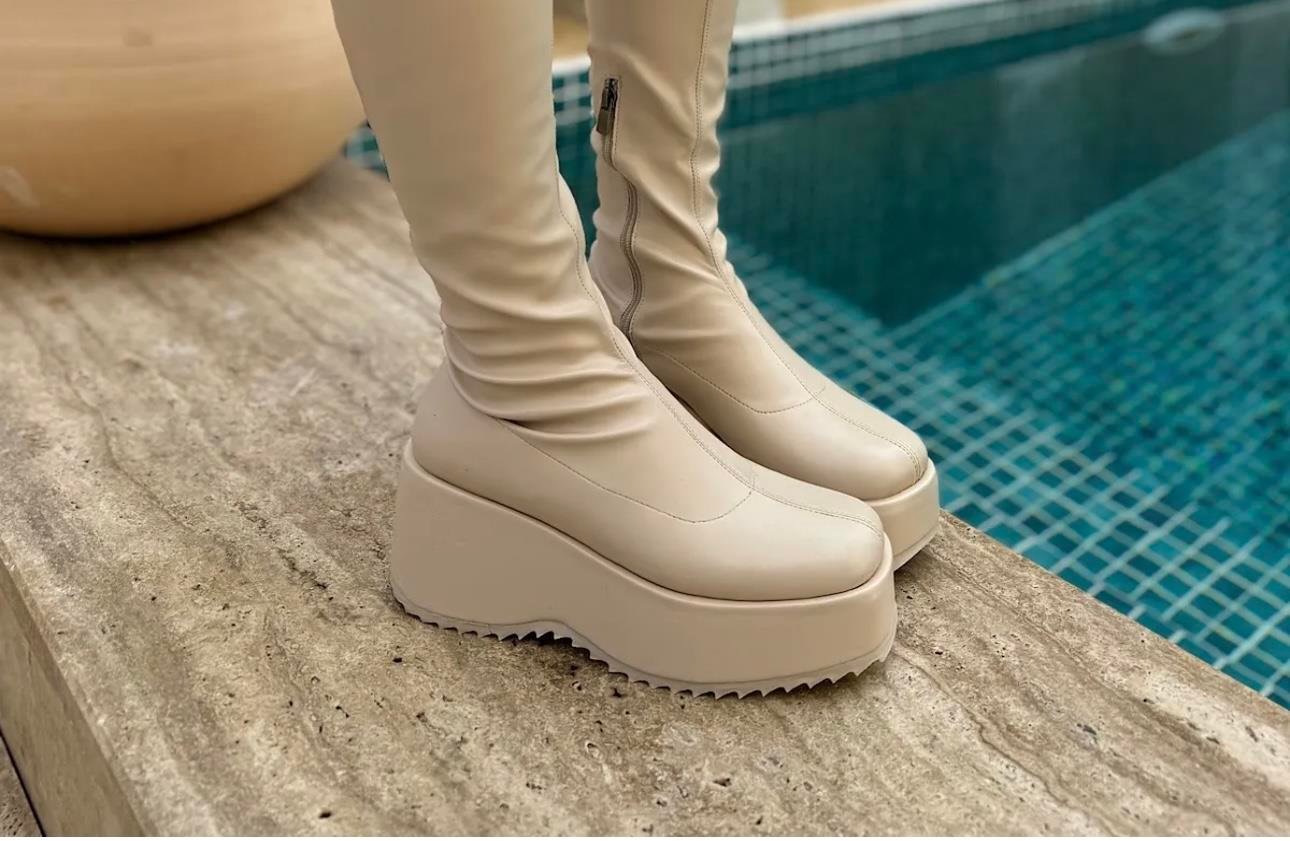 Mulke Uzun Çizme Bej - Topuklu Çizme