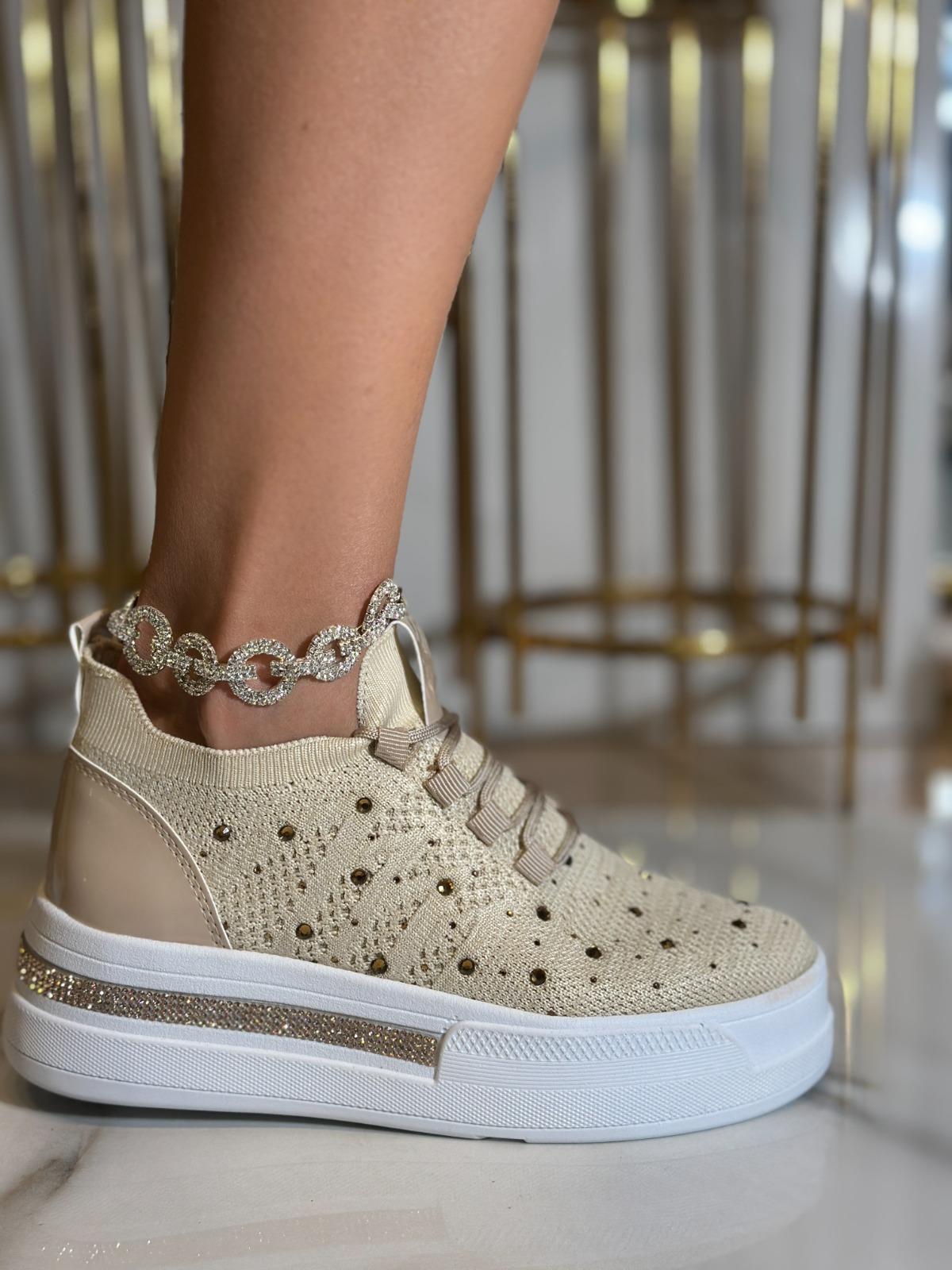 Napol Kristal Taşlı Gizli Topuk Triko Spor Ayakkabı Bej - KADIN AYAKKABI