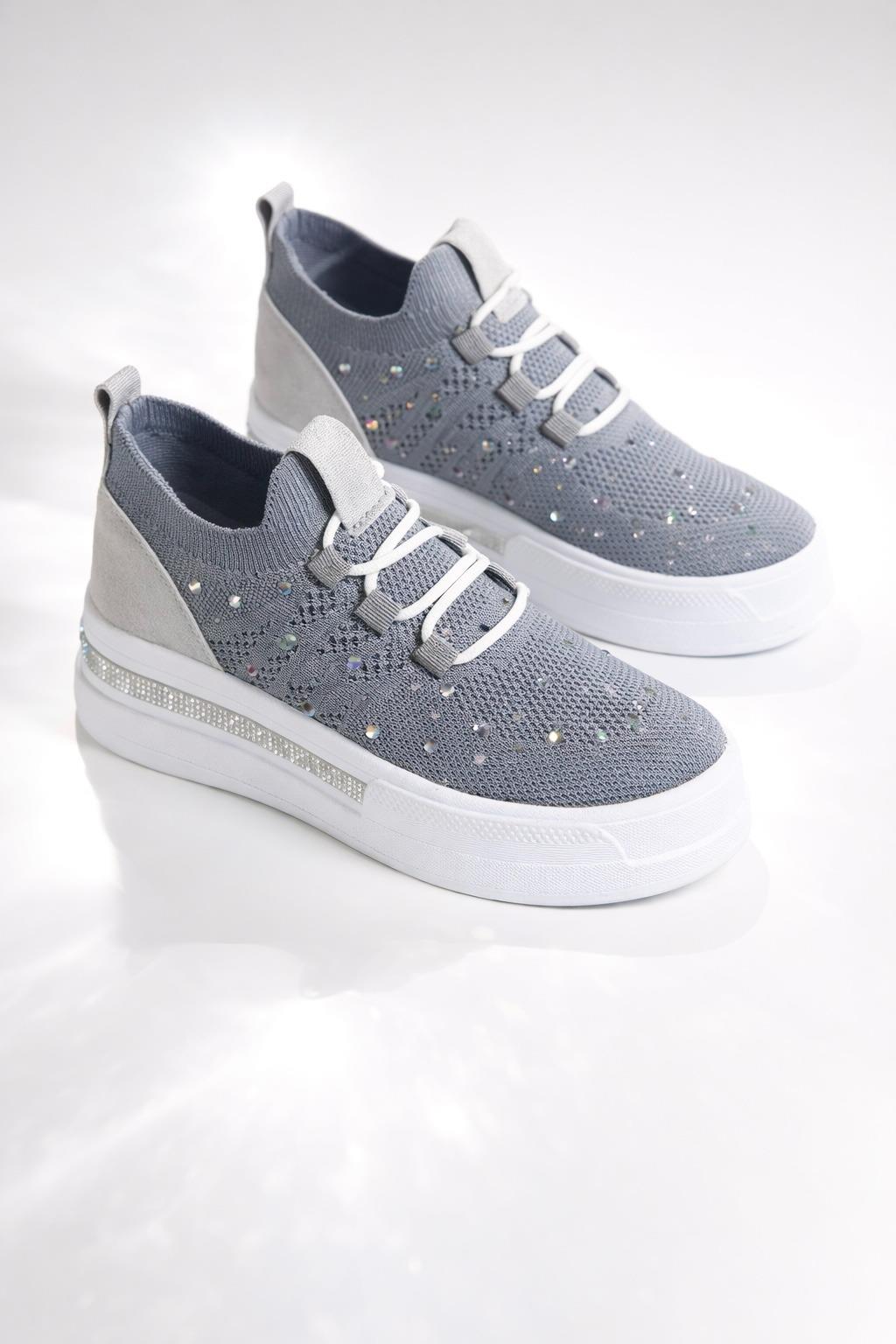 Napol Kristal Taşlı Gizli Topuk Triko Spor Ayakkabı Gri - Spor Ayakkabı