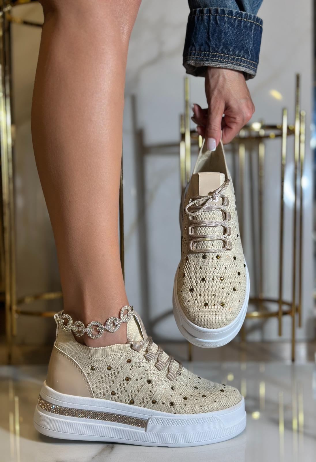 Napol Kristal Taşlı Gizli Topuk Triko Spor Ayakkabı Bej - KADIN AYAKKABI