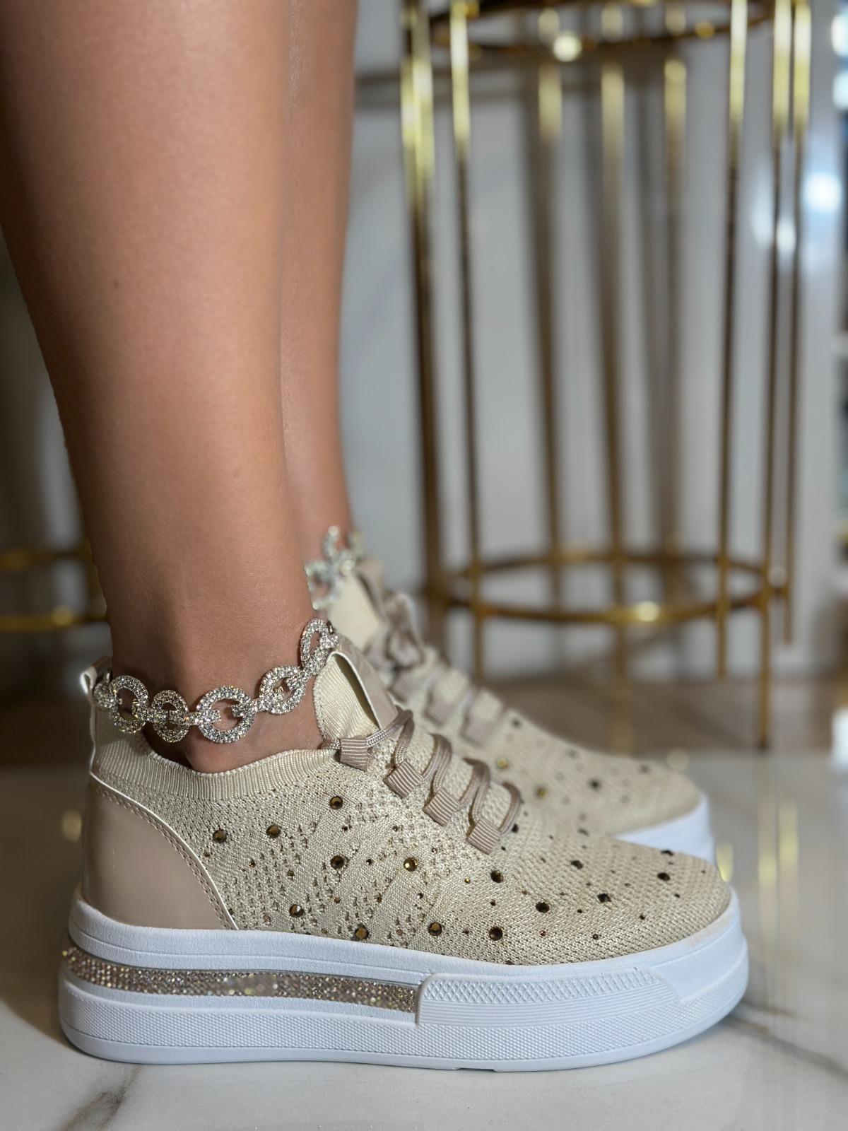 Napol Kristal Taşlı Gizli Topuk Triko Spor Ayakkabı Bej - KADIN AYAKKABI