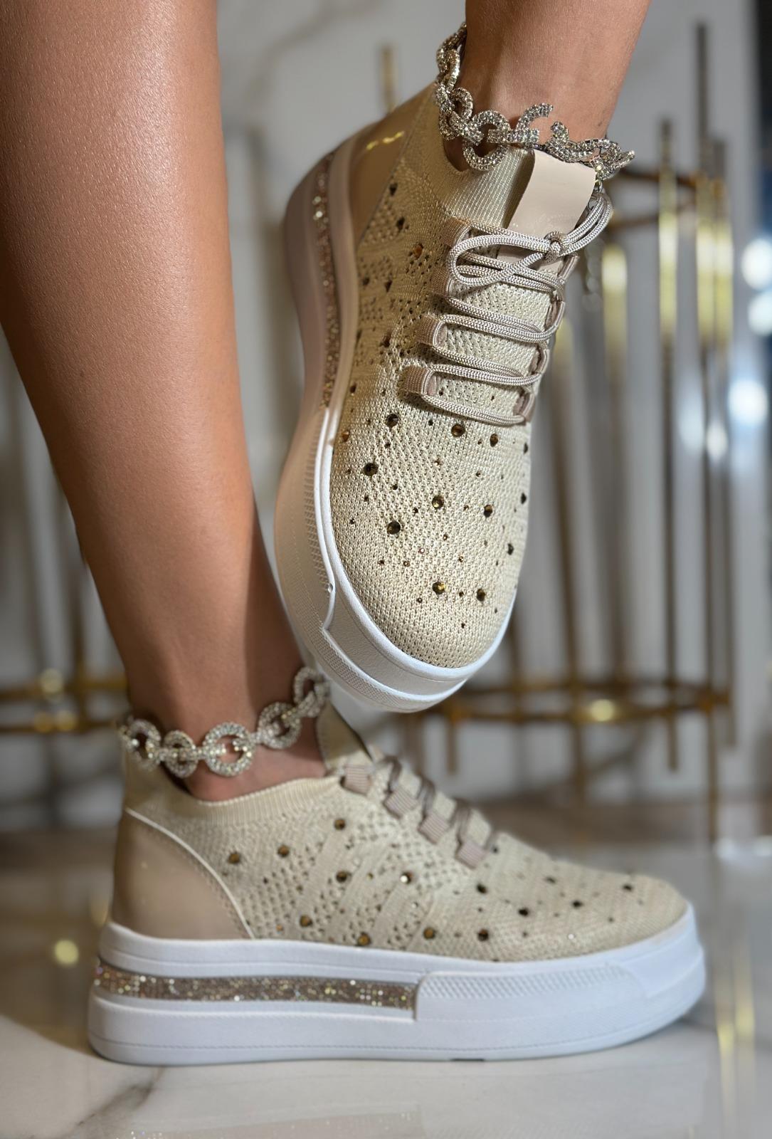 Napol Kristal Taşlı Gizli Topuk Triko Spor Ayakkabı Bej - KADIN AYAKKABI