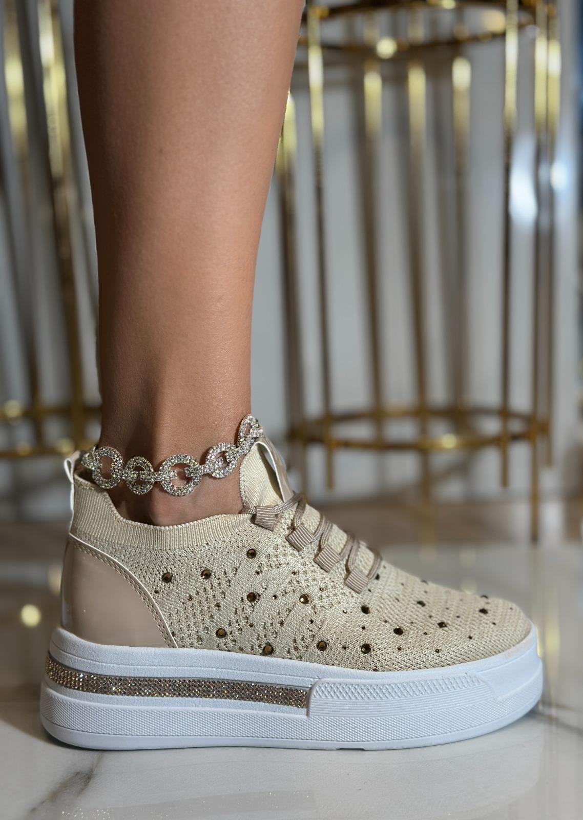 Napol Kristal Taşlı Gizli Topuk Triko Spor Ayakkabı Bej - KADIN AYAKKABI