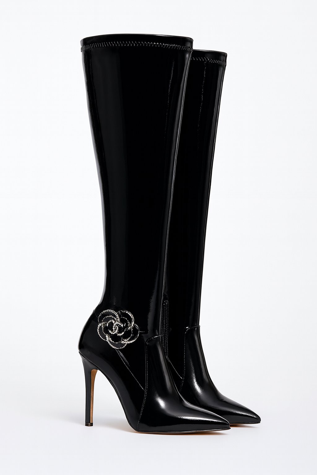 Noir Rose Diz Üstü İnce Topuklu Özel Tasarım Çizme Siyah - Bot & Çizme