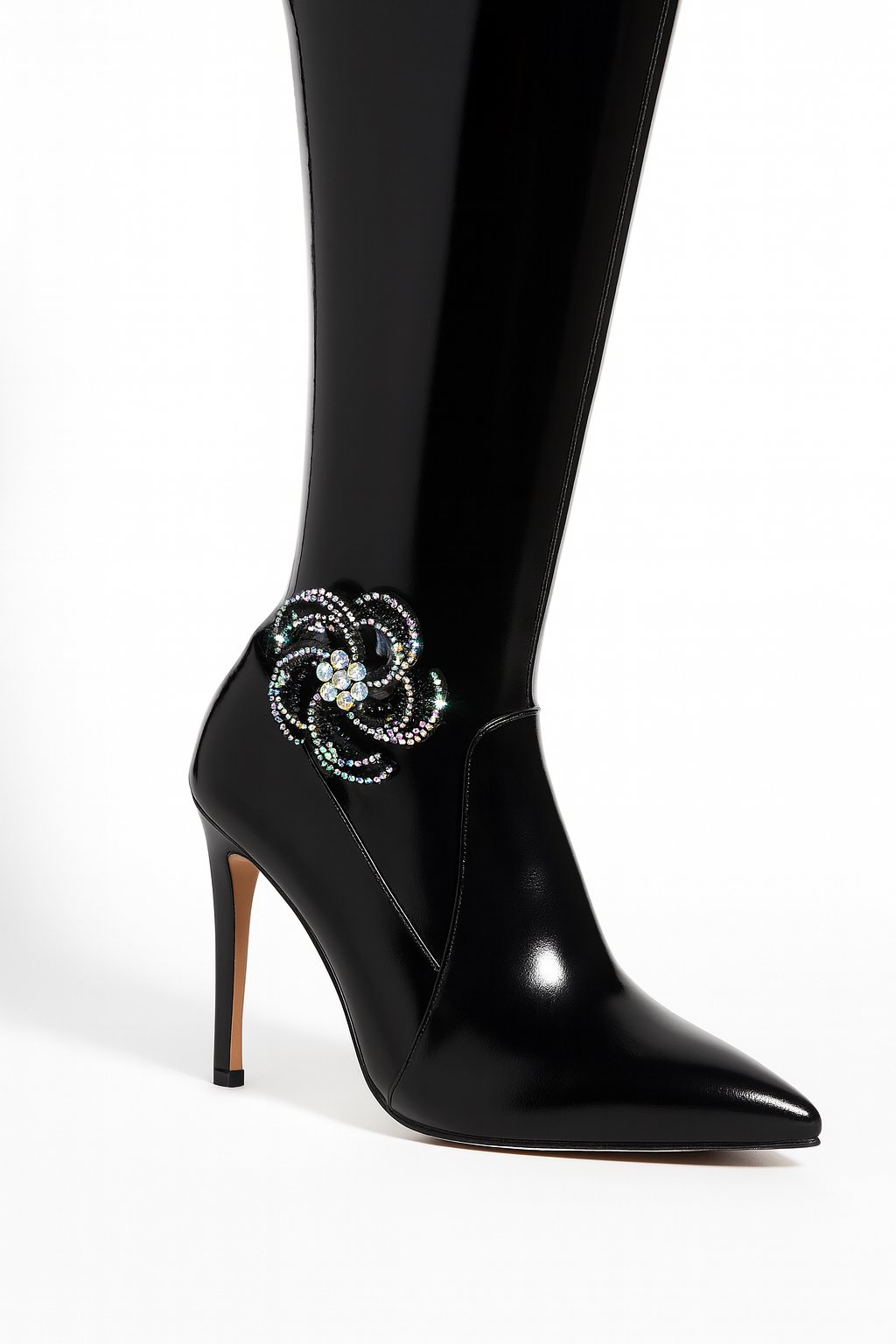 Noir Rose Diz Üstü İnce Topuklu Özel Tasarım Çizme Siyah - Bot & Çizme