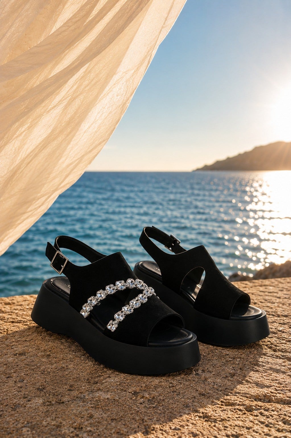 Noir Shane Taşlı Platform Sandalet Siyah - Topuklu Sandalet