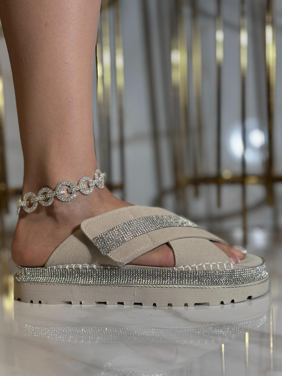 Nussa Extreme Kristal Taşlı Özel Tasarım Süet Terlik Bej - KADIN AYAKKABI