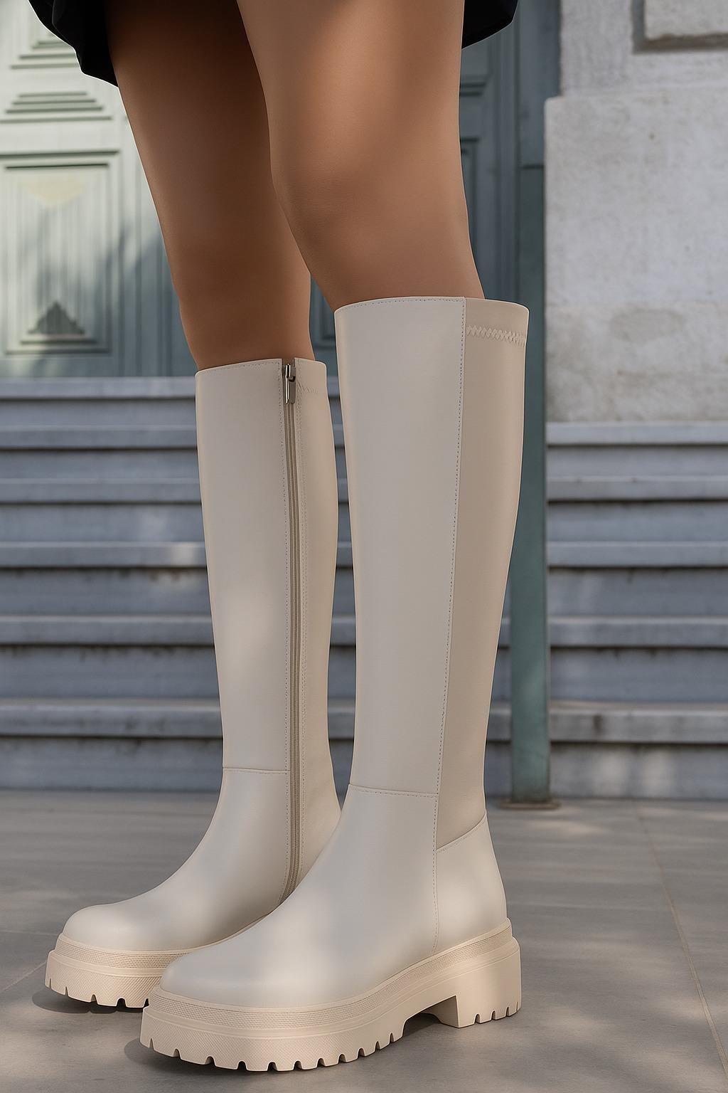 Offila Diz Altı Uzun Çizme Bej - Düz Çizme