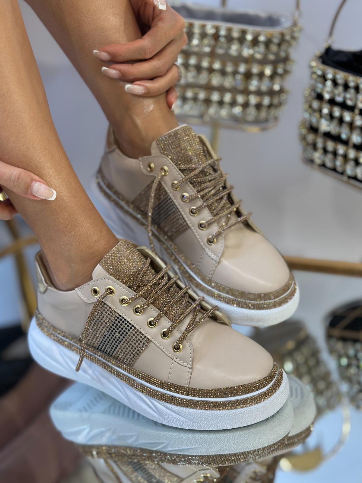 Pille Kristal Taşlı Özel Tasarım Spor Ayakkabı Vizon - WOMAN SHOES