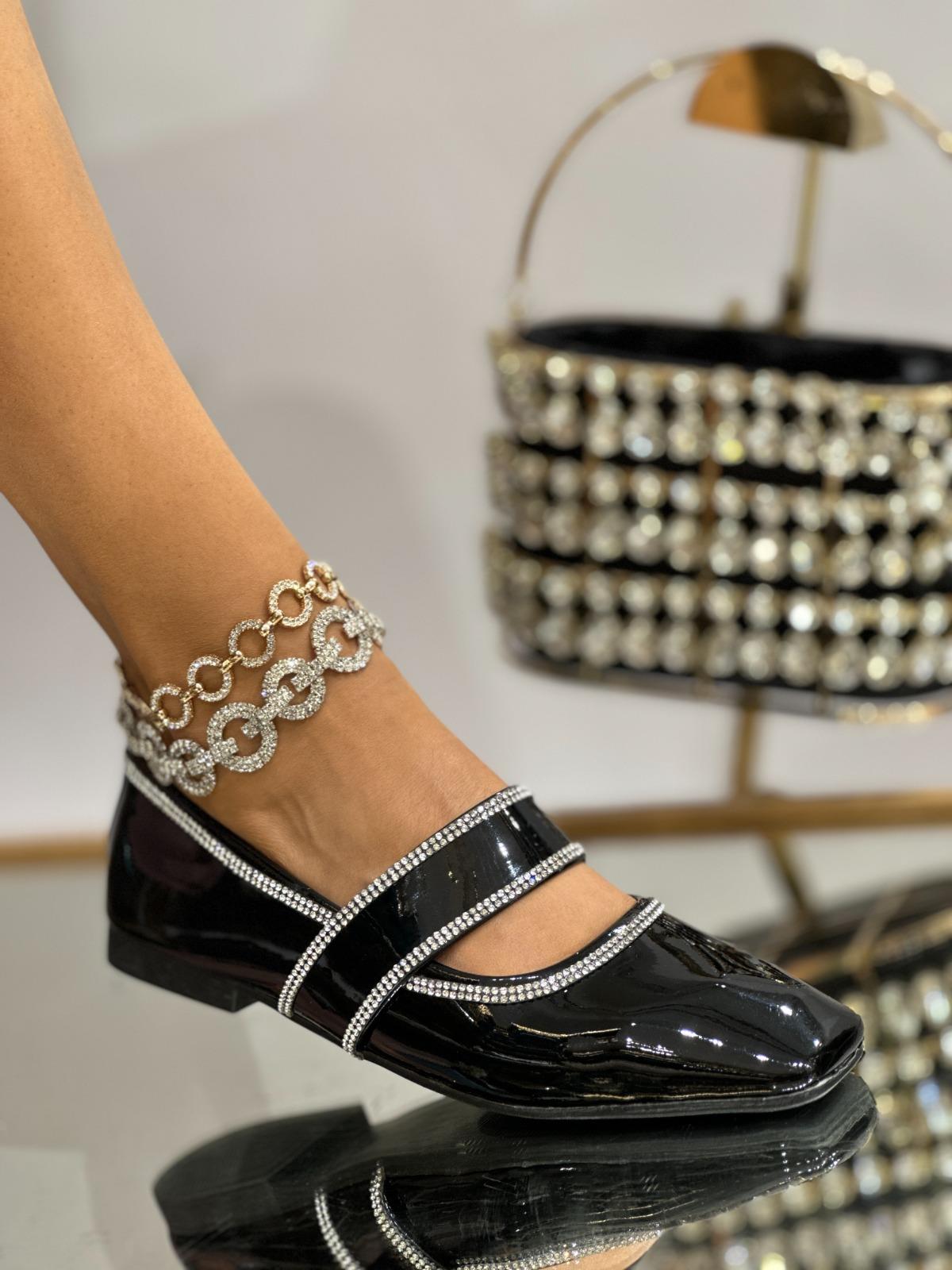 Pisa Kristal Taşlı Rugan Babet Gümüş Siyah - KADIN AYAKKABI