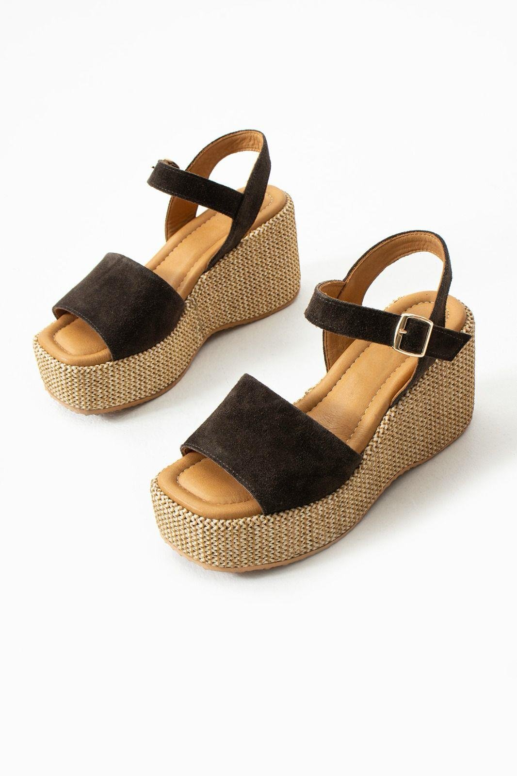 Plaza Süet Deri Dolgu Topuk Hasır Sandalet Koyu Kahve - KADIN AYAKKABI