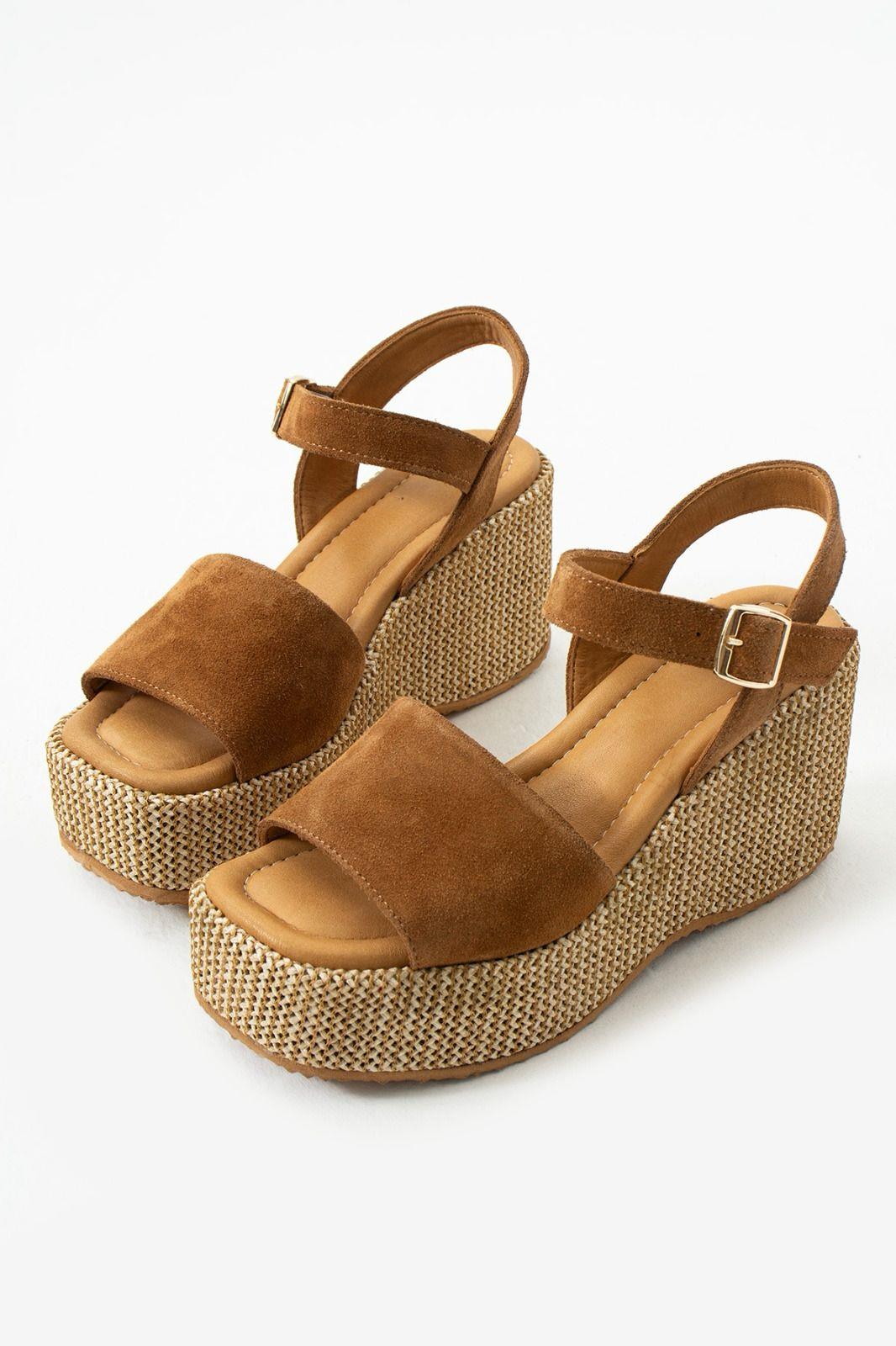 Plaza Süet Deri Dolgu Topuk Hasır Sandalet Taba - KADIN AYAKKABI