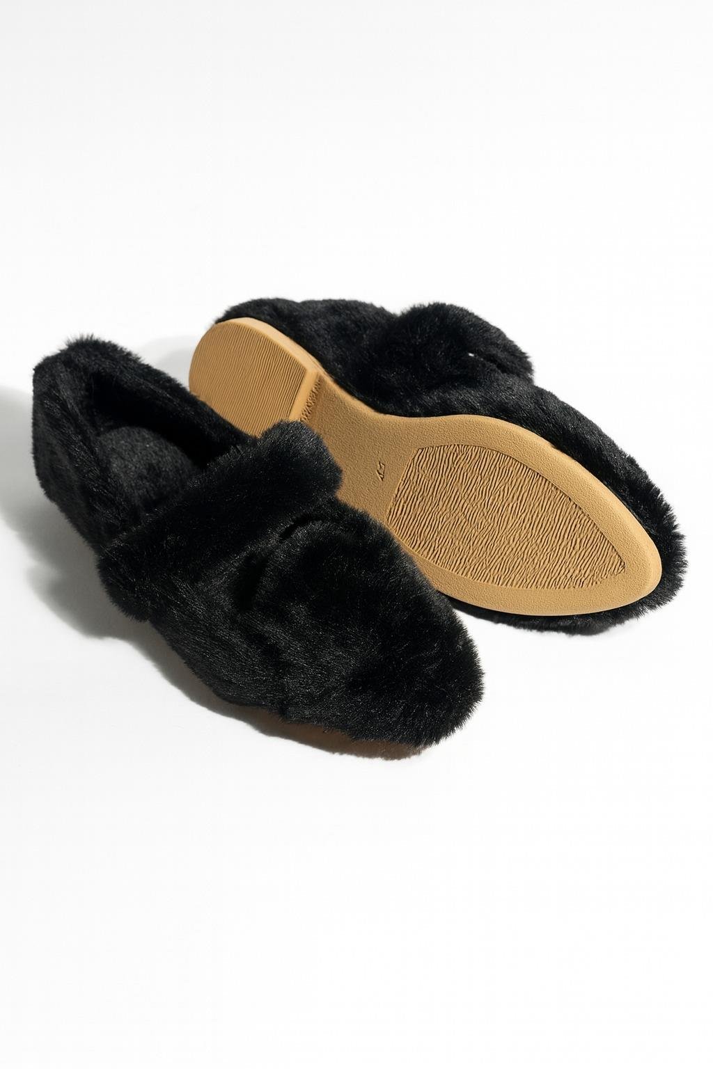 Plush Kürklü Babet Siyah - Düz Babet