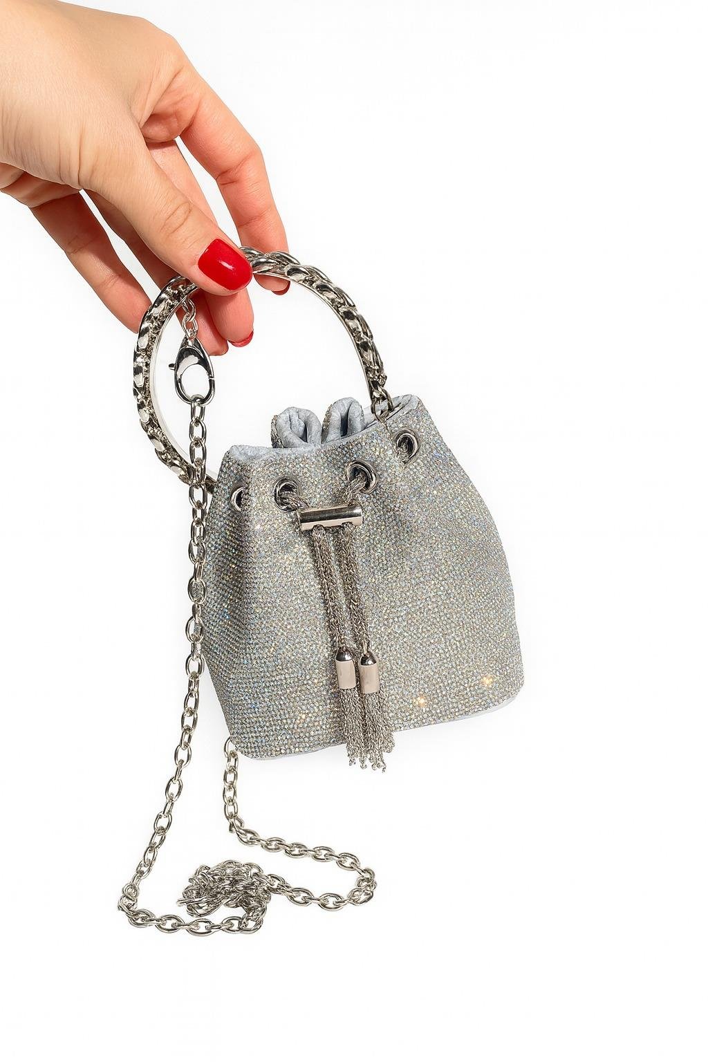 Pouch Taşlı Çanta Gümüş - Çanta