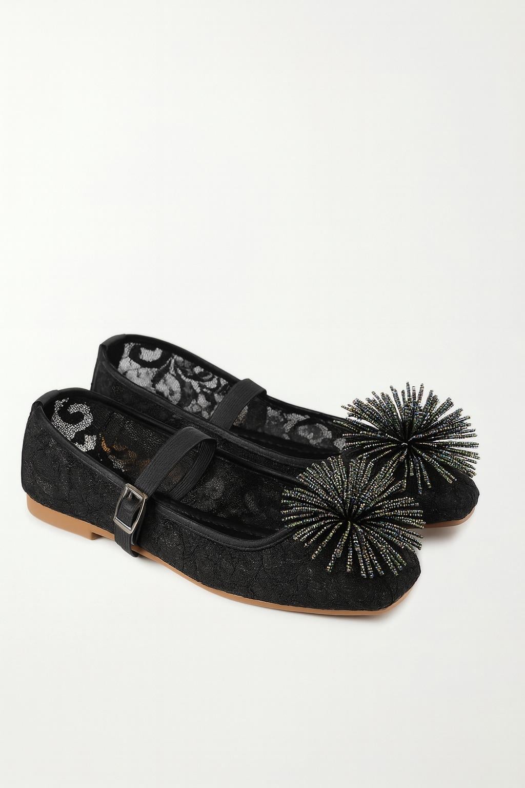 Pukie Kristal Taşlı Özel Tasarım Babet Siyah - Düz Babet