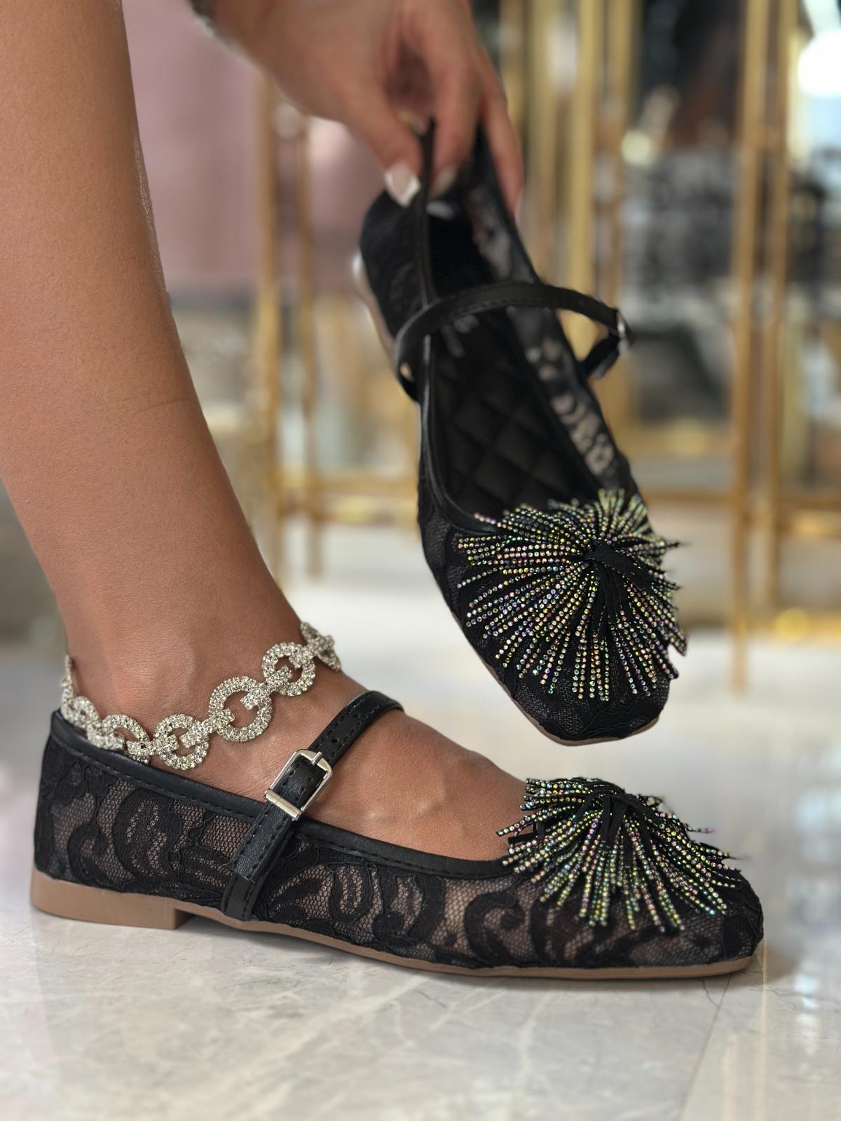 Pukie Kristal Taşlı Özel Tasarım Babet Siyah - WOMAN SHOES
