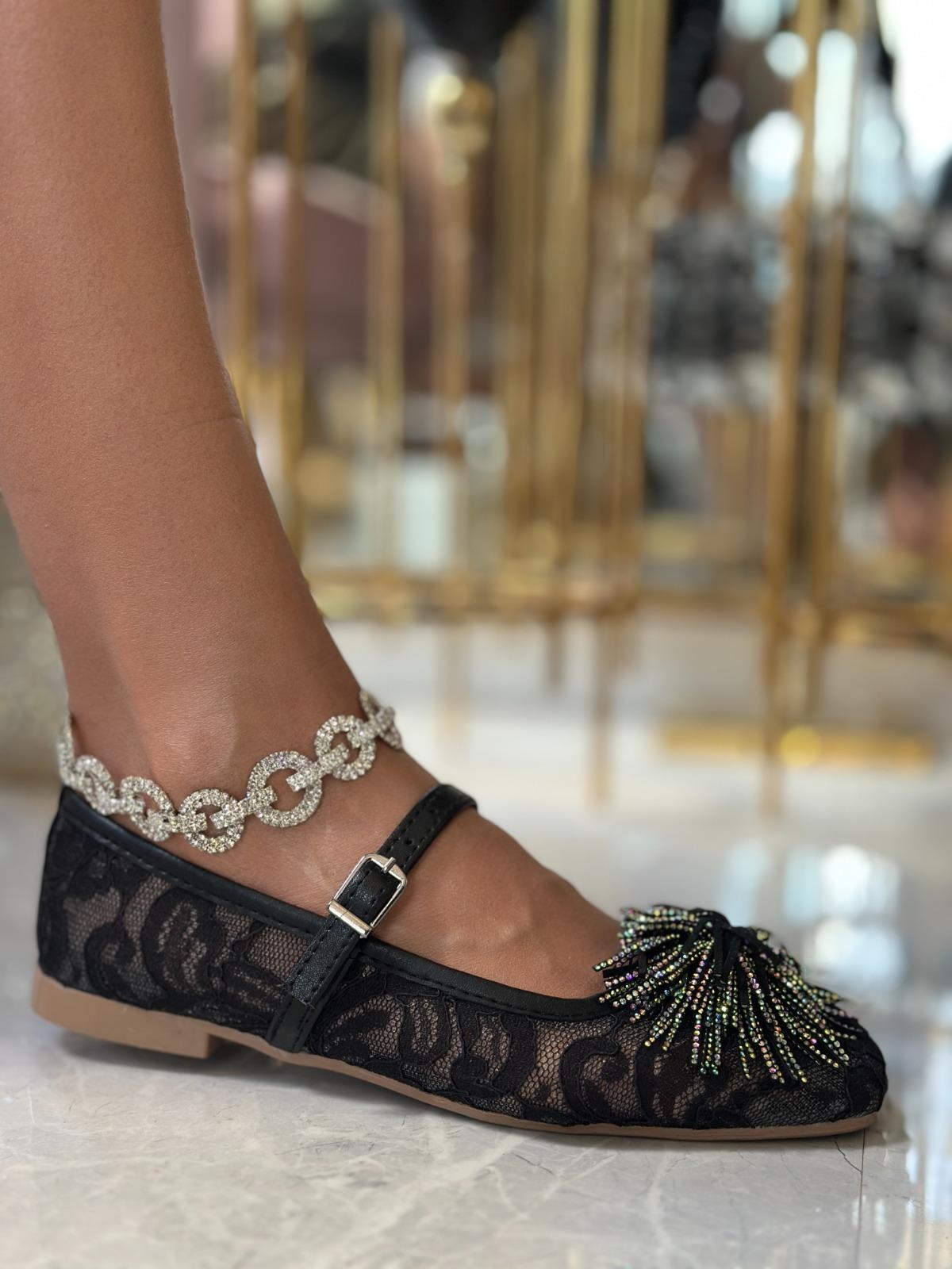 Pukie Kristal Taşlı Özel Tasarım Babet Siyah - WOMAN SHOES