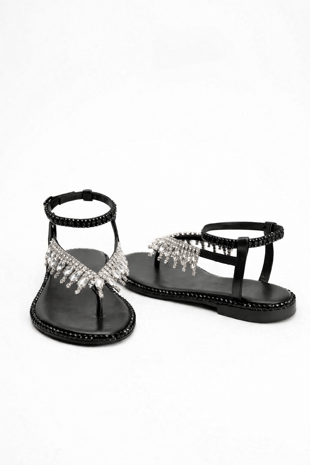 Pure Diamond Kristal Taşlı Sandalet Siyah - Düz Taban Sandalet