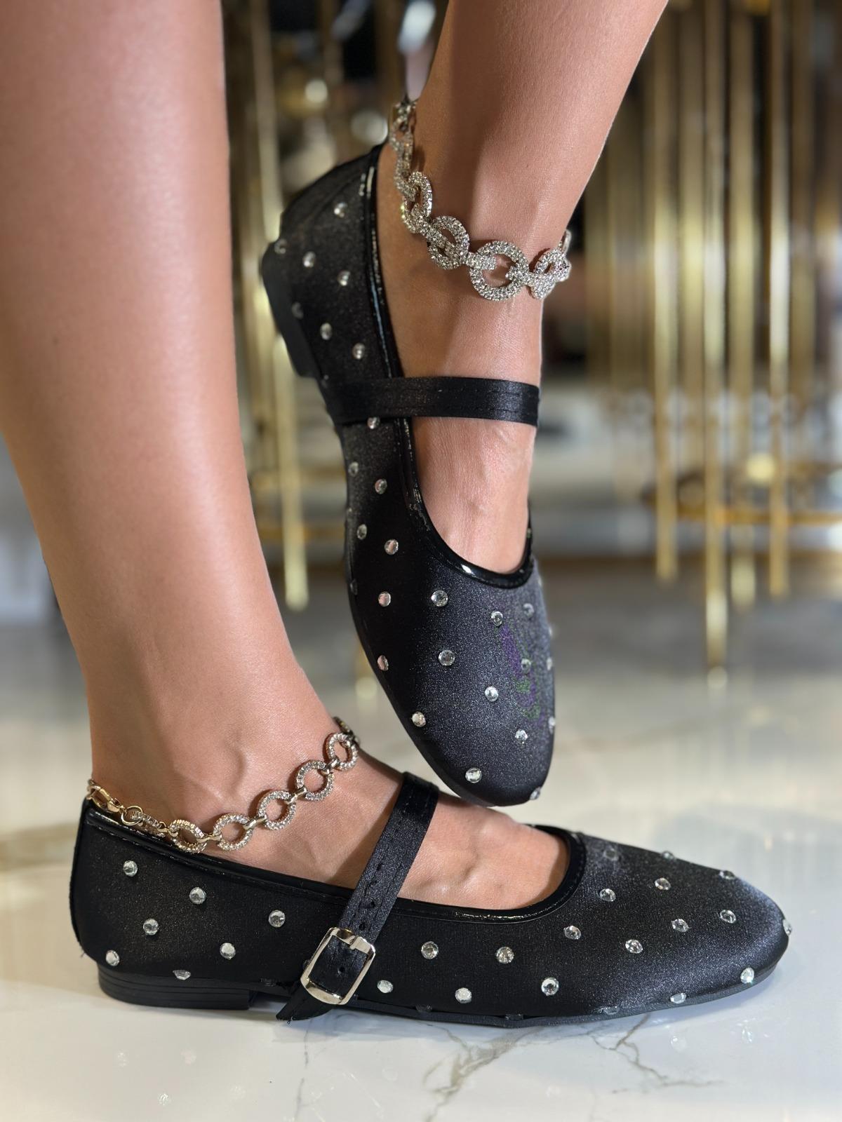 Rain Kristal Taşlı Özel Tasarım Babet Siyah - WOMAN SHOES