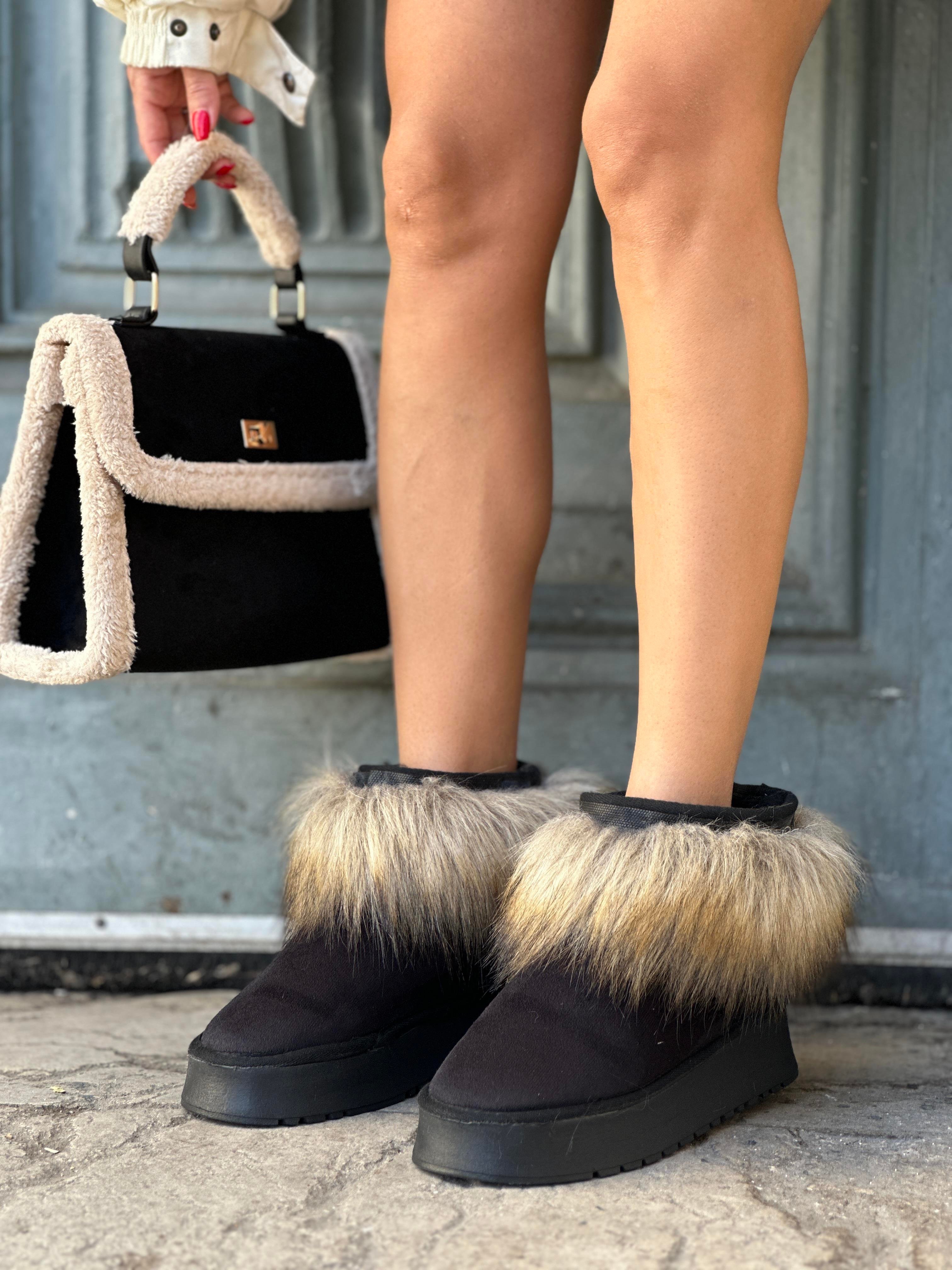 Raya Tüylü Bot Siyah - ANKLE BOOTS