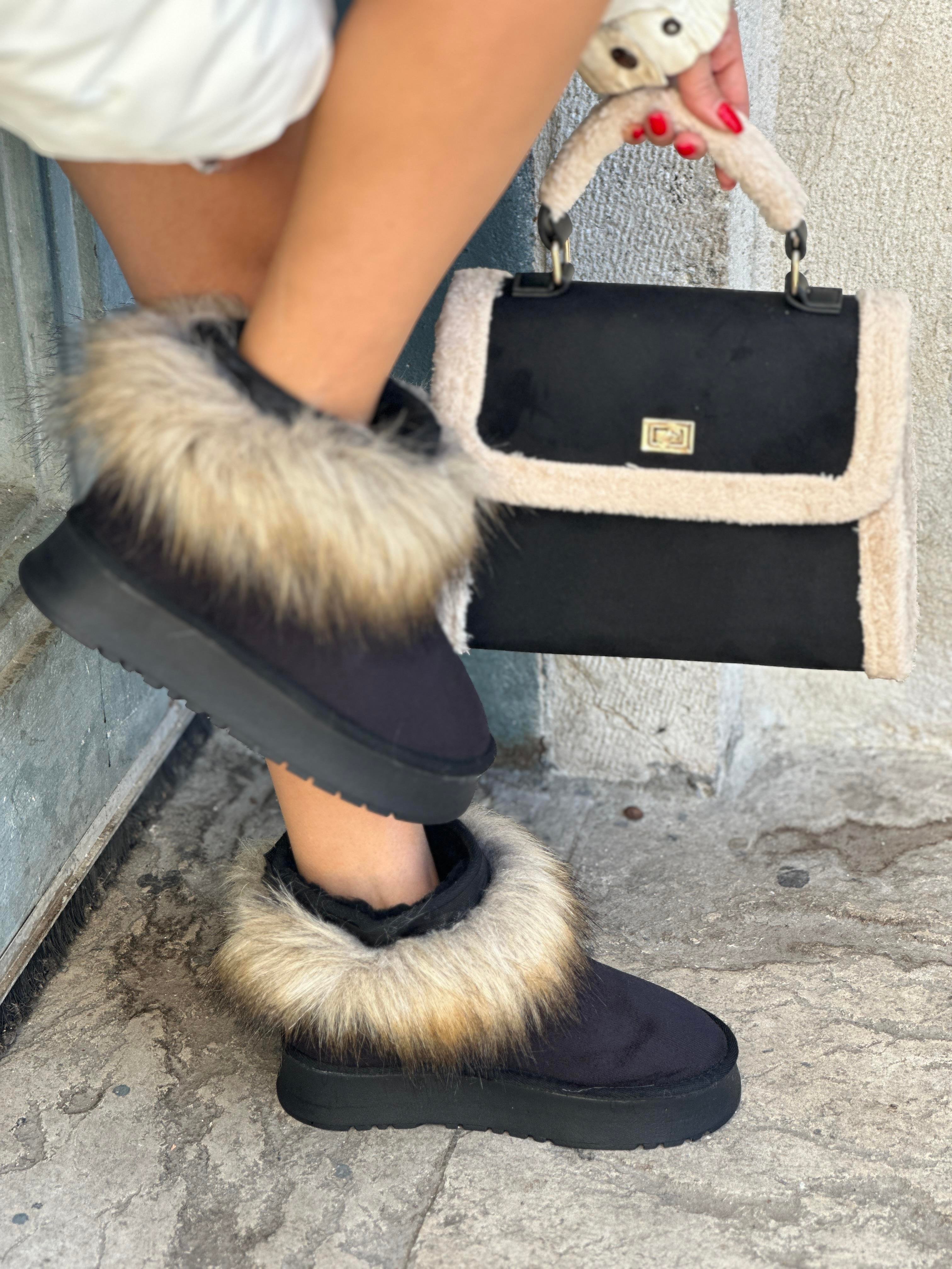 Raya Tüylü Bot Siyah - ANKLE BOOTS