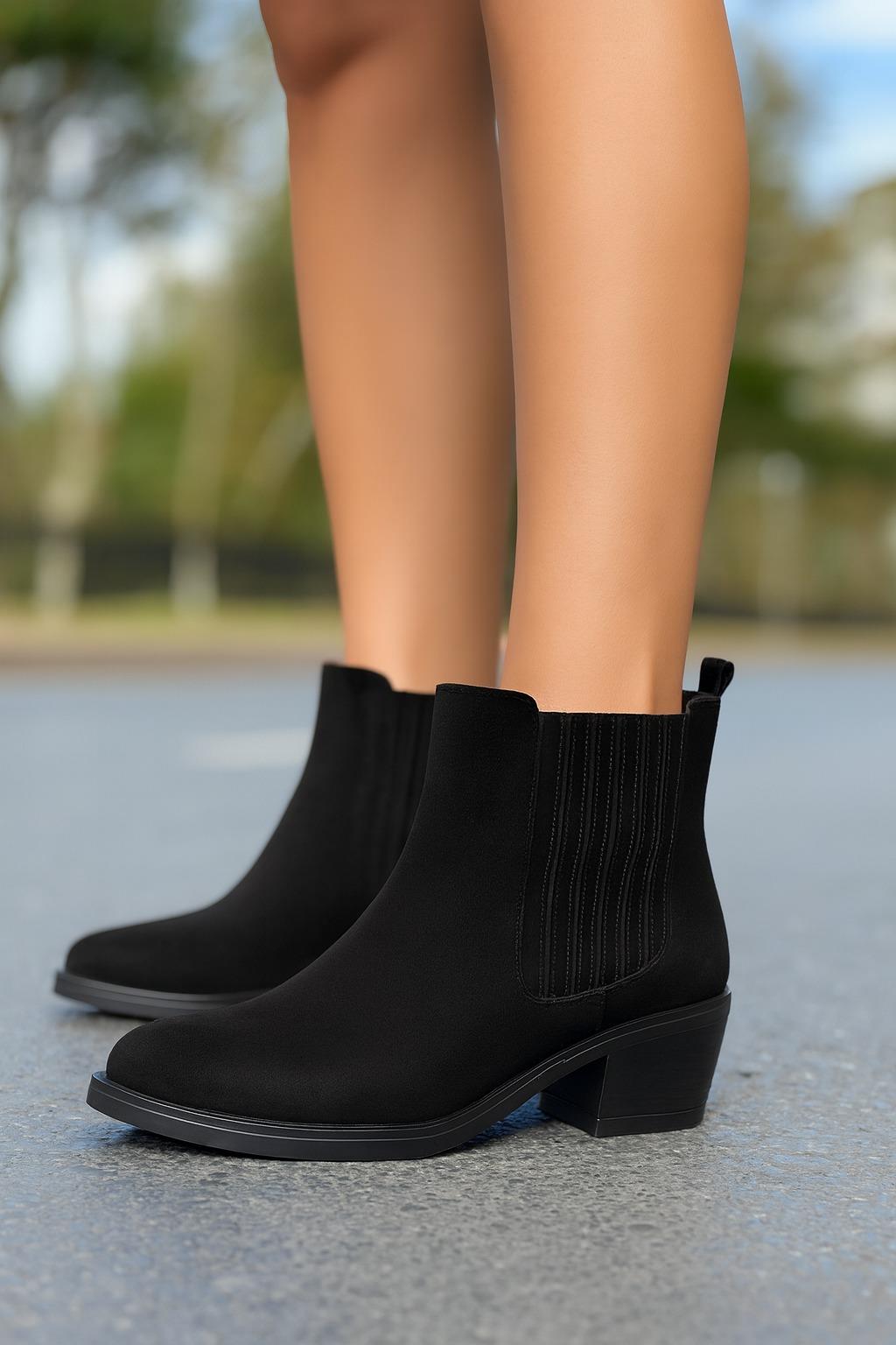 Riga Hakiki Süet Bot Siyah - Topuklu Bot